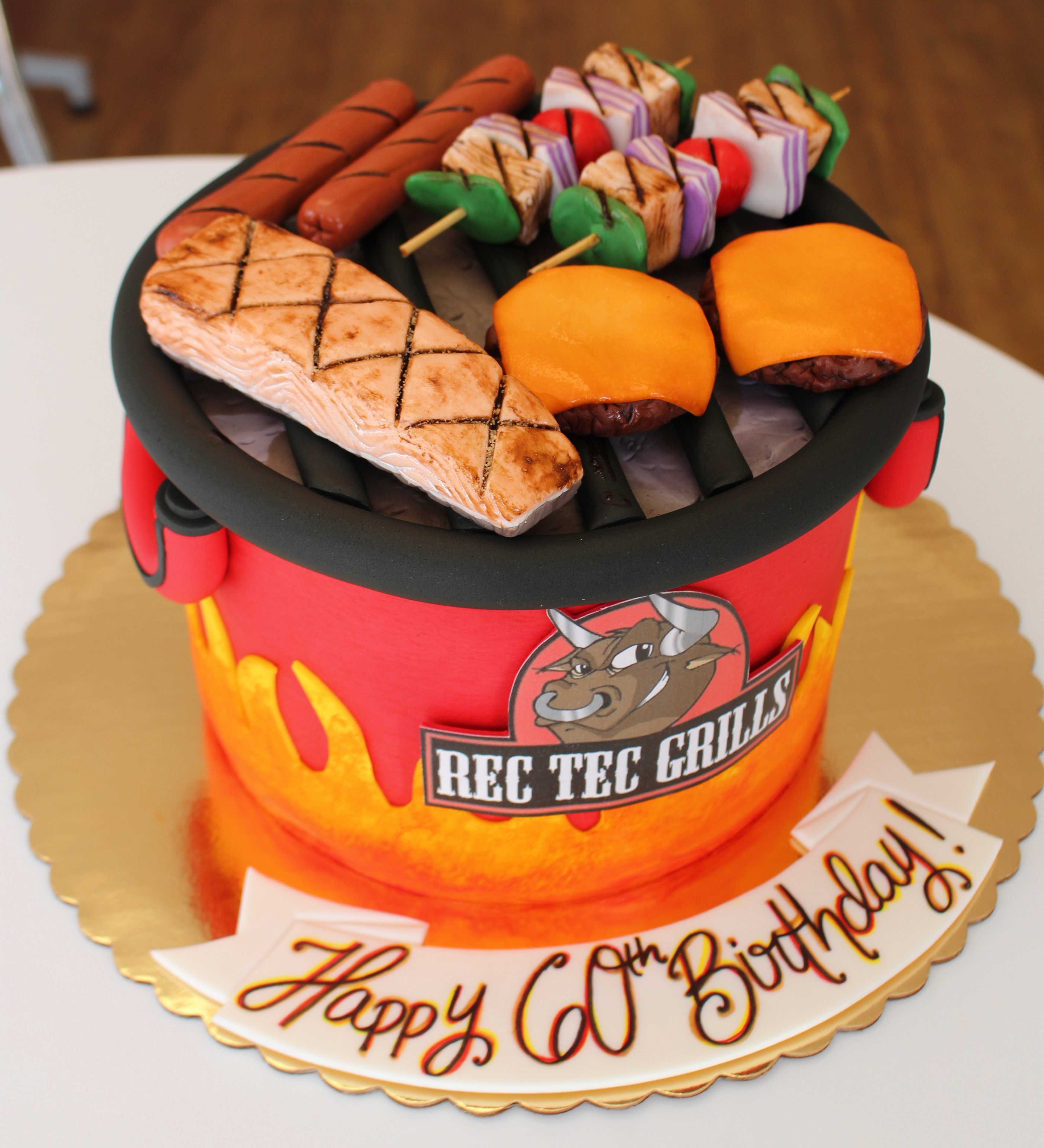 BBQ Themed Birthday Cake with Fondant Burgers Hot Dogs Kebabs and Salmon