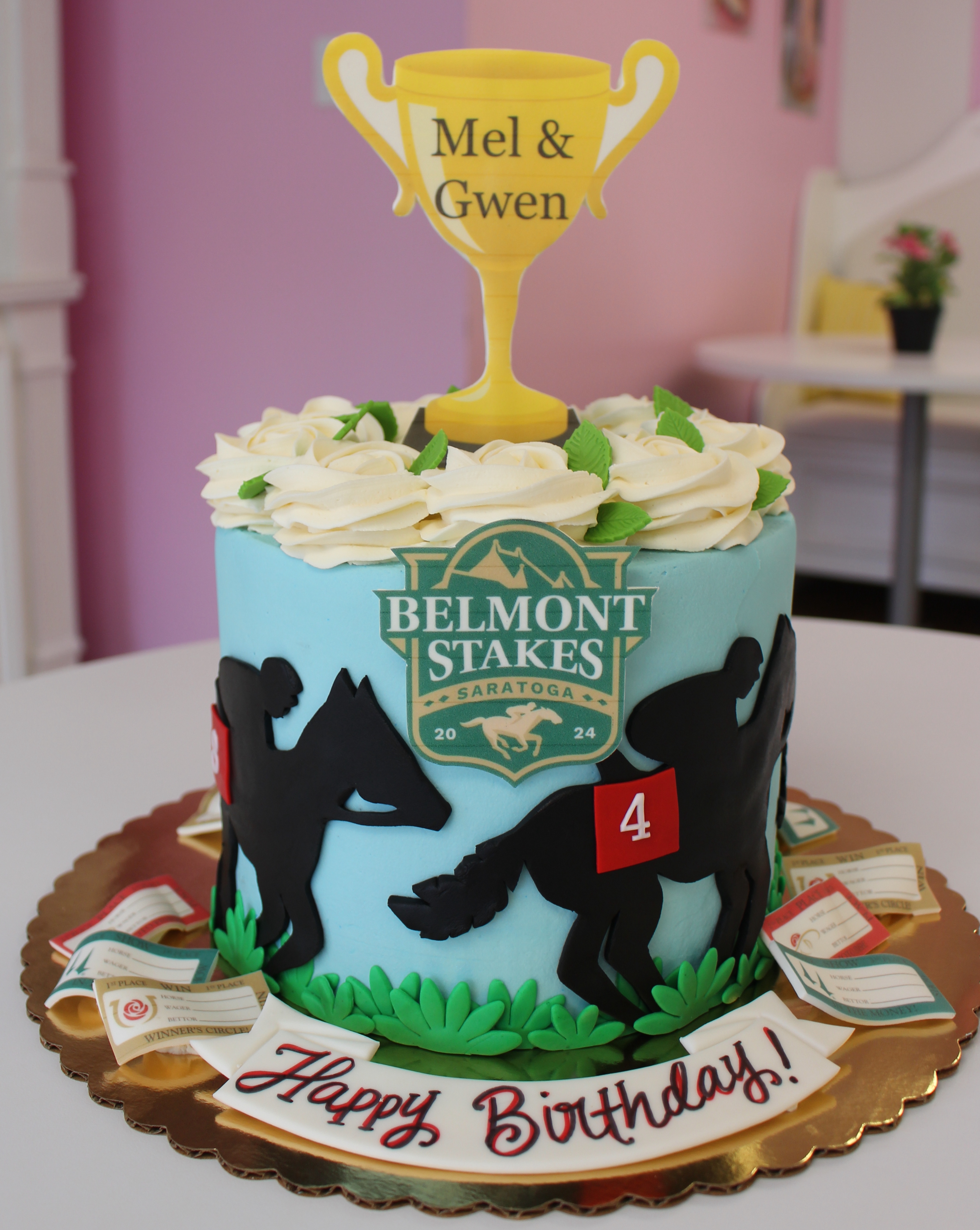 Belmont Stakes Horse Racing Theme Birthday Cake with Fondant Horse and Jockey Silhouette