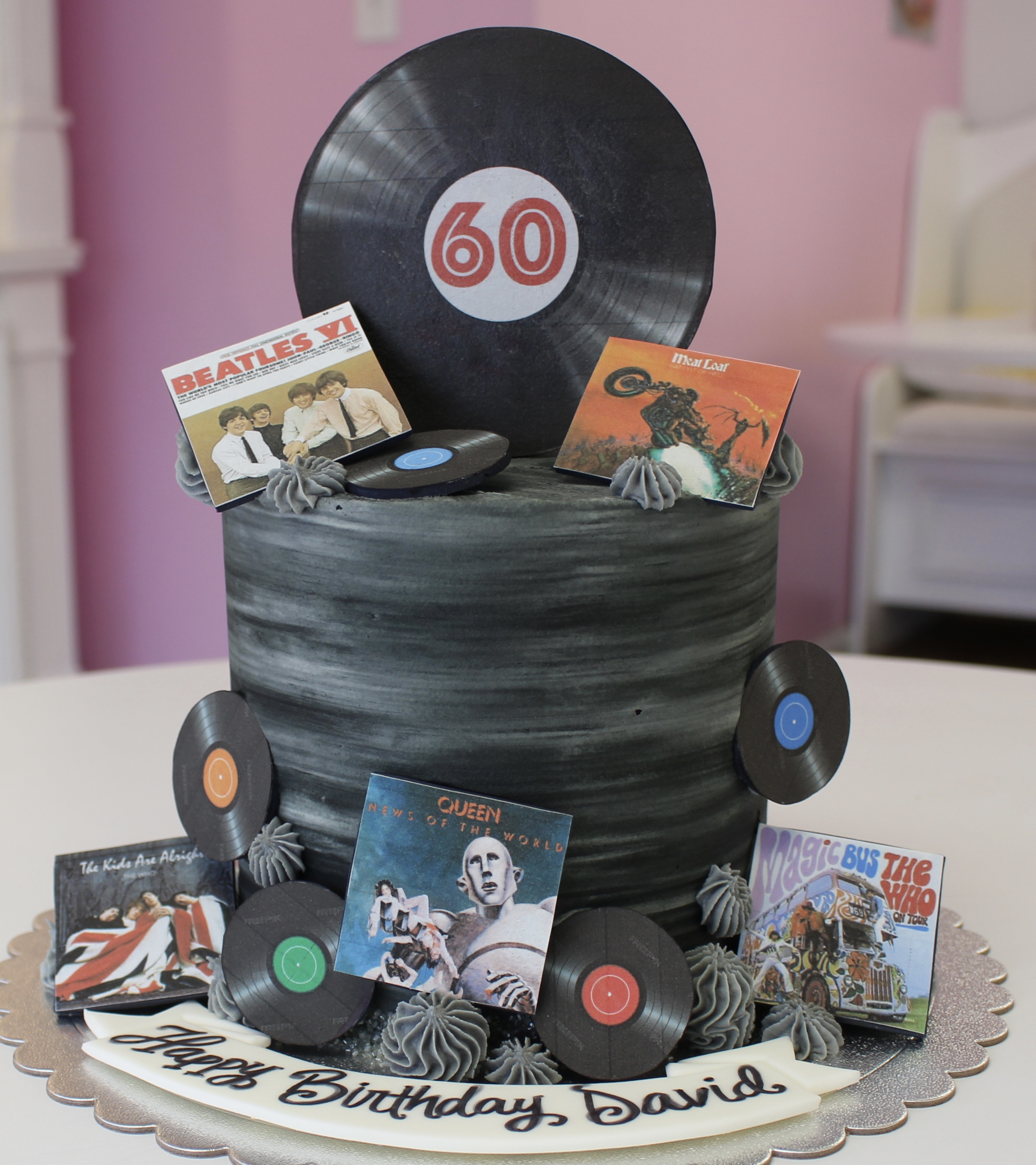 Black Vintage Vinyl Record Theme Birthday Cake with Fondant Beatles, Queen, and The Who Records