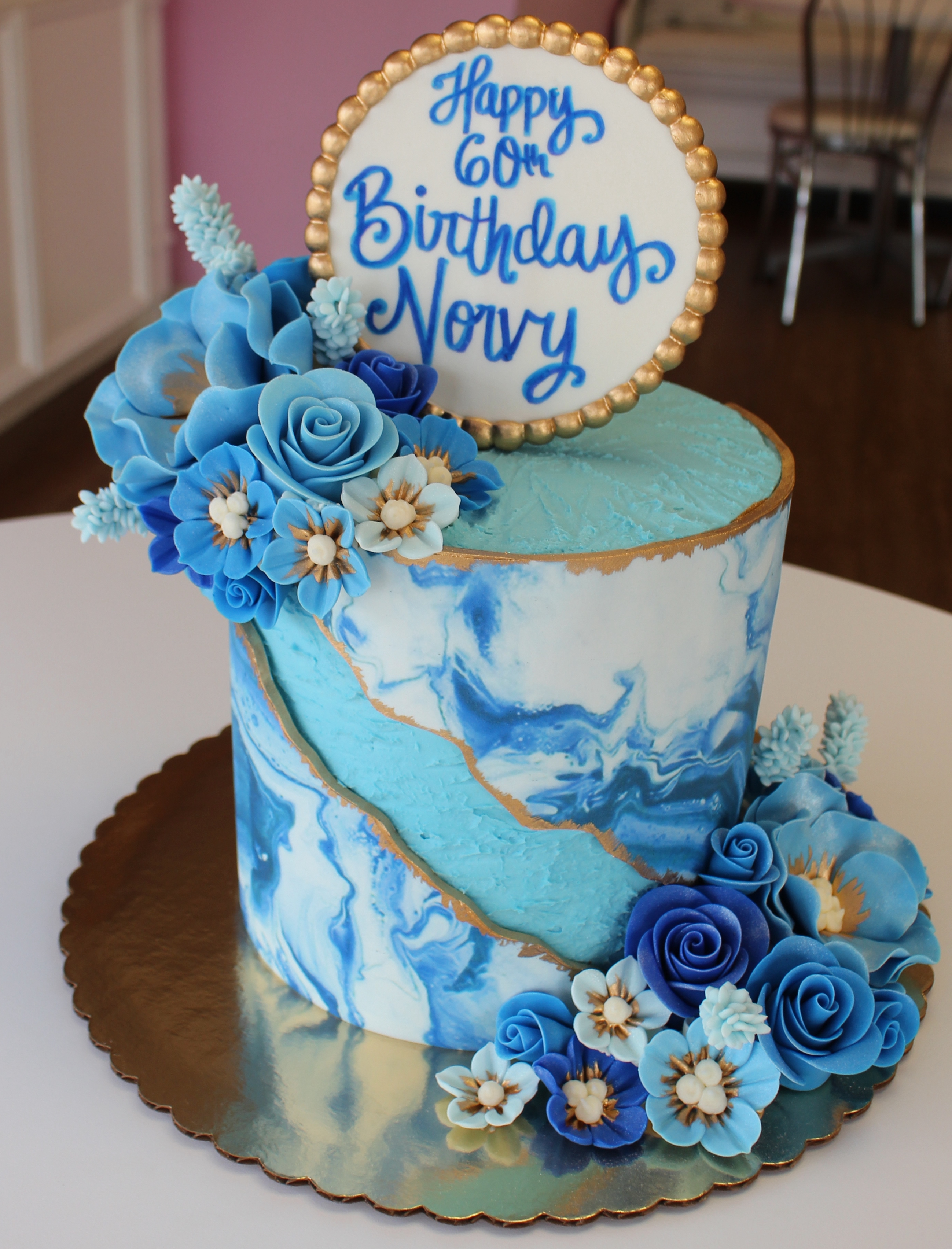 Blue Geode Cake with Elegant Fondant Marbling and Flowers