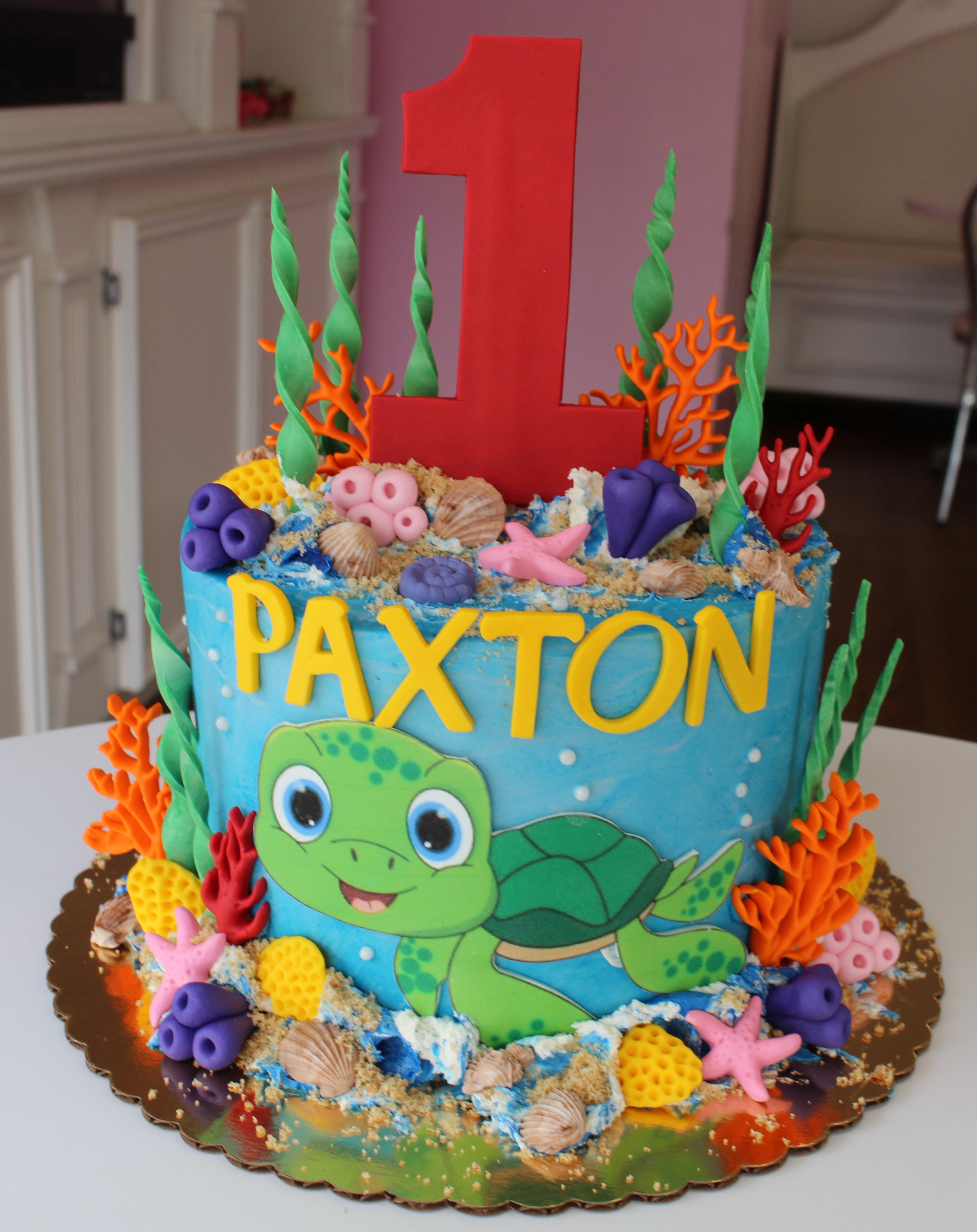 Blue Under the Sea Theme Cake with Edible Turtle Image and Fondant Toppers, and Decorations