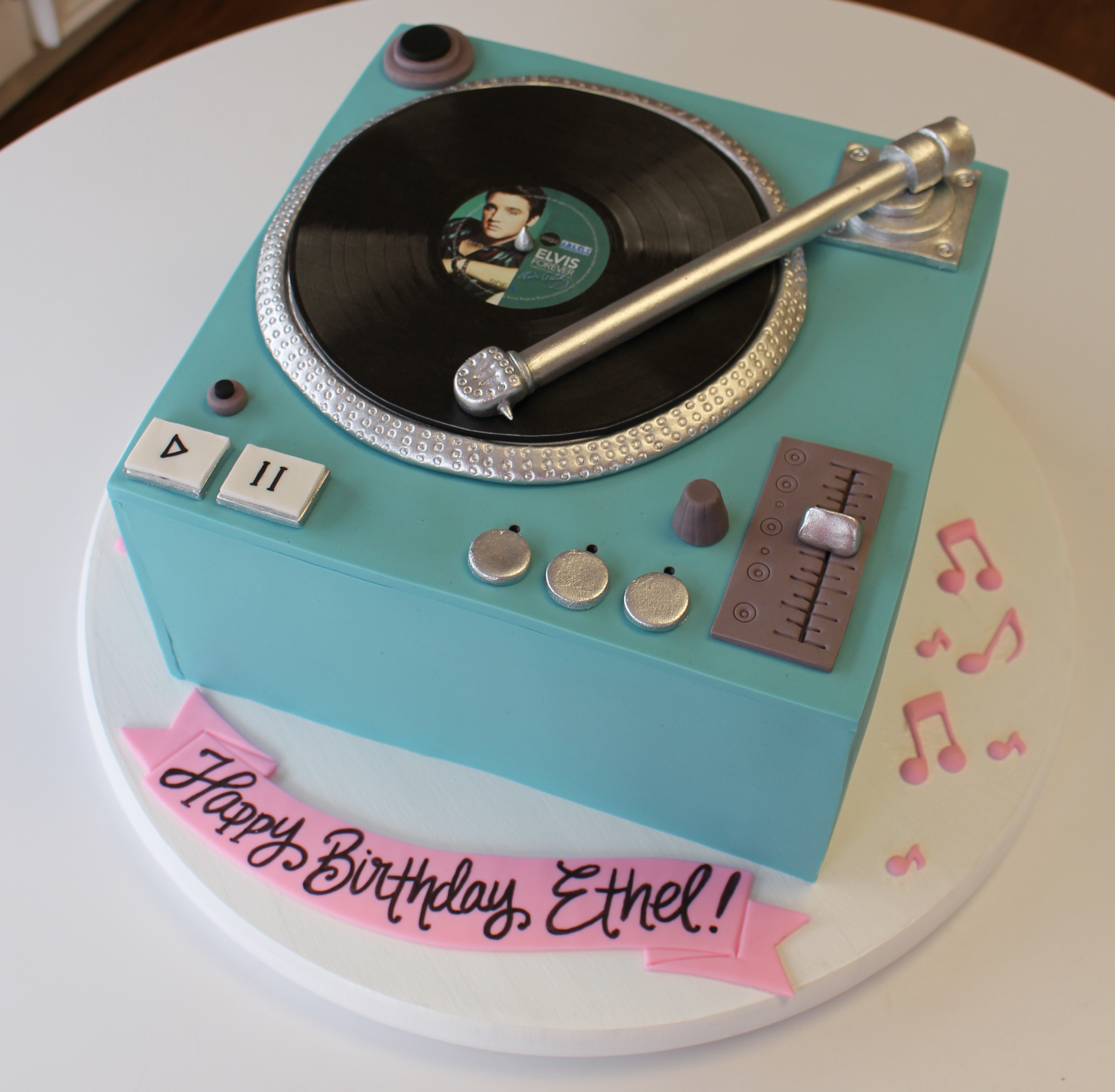 Blue Vinyl Record Player Shaped Cake with Fondant Vinyl Record and Controls