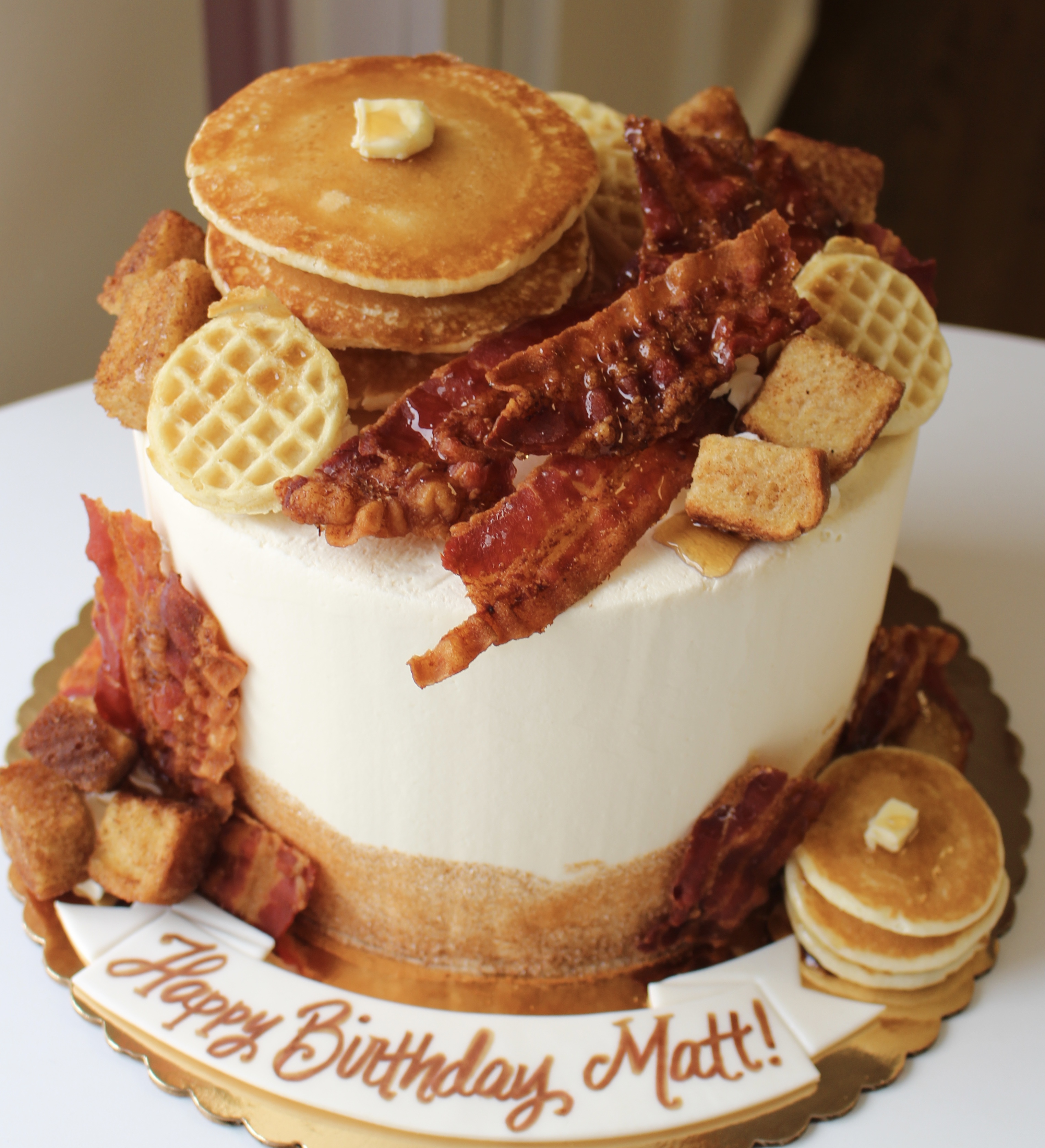 Breakfast Lovers Cake with Pancakes Waffles French Toast and Bacon