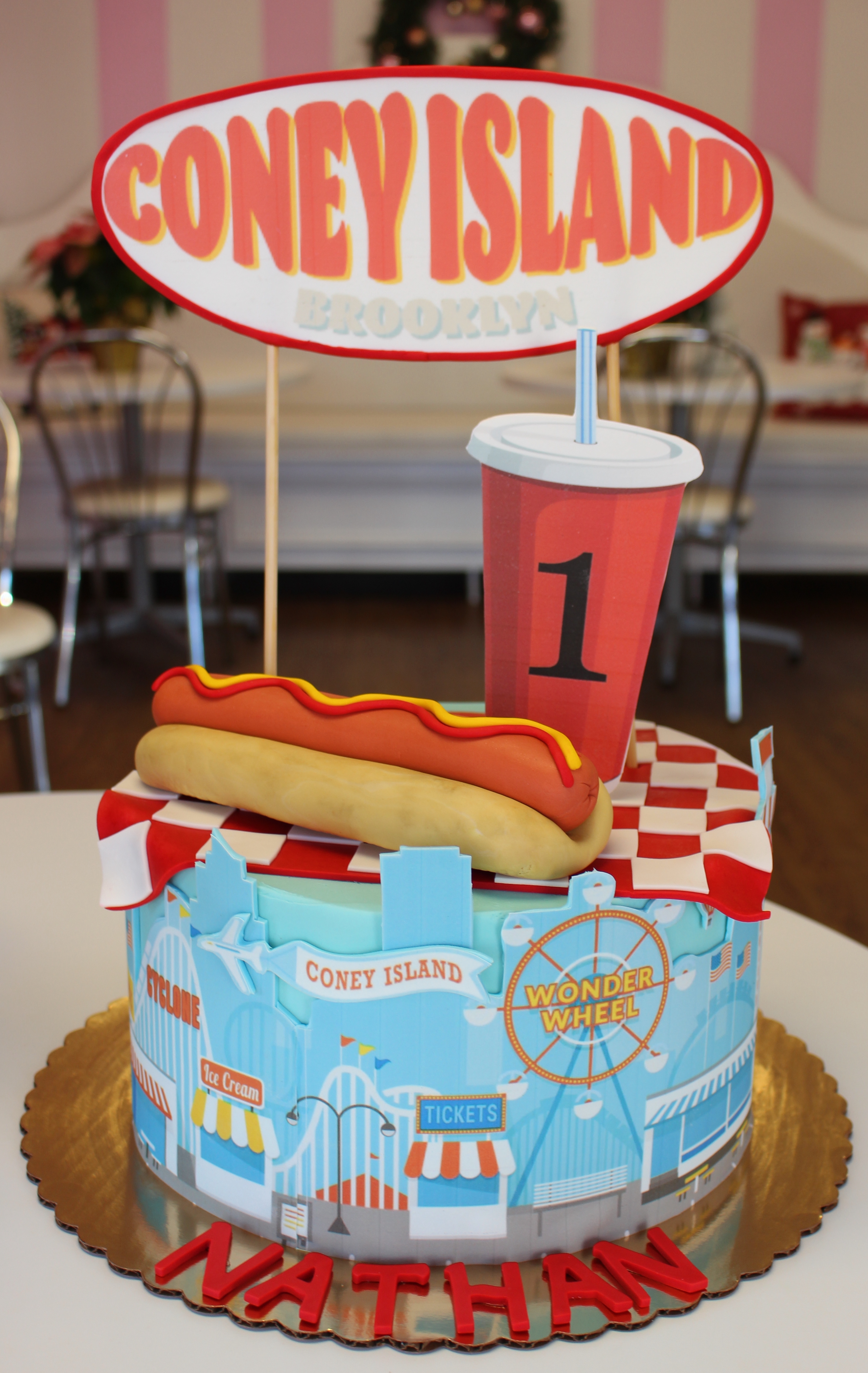 Coney Island Brooklyn Theme Birthday Cake With Hot Dog Soda and Picnic Blanket