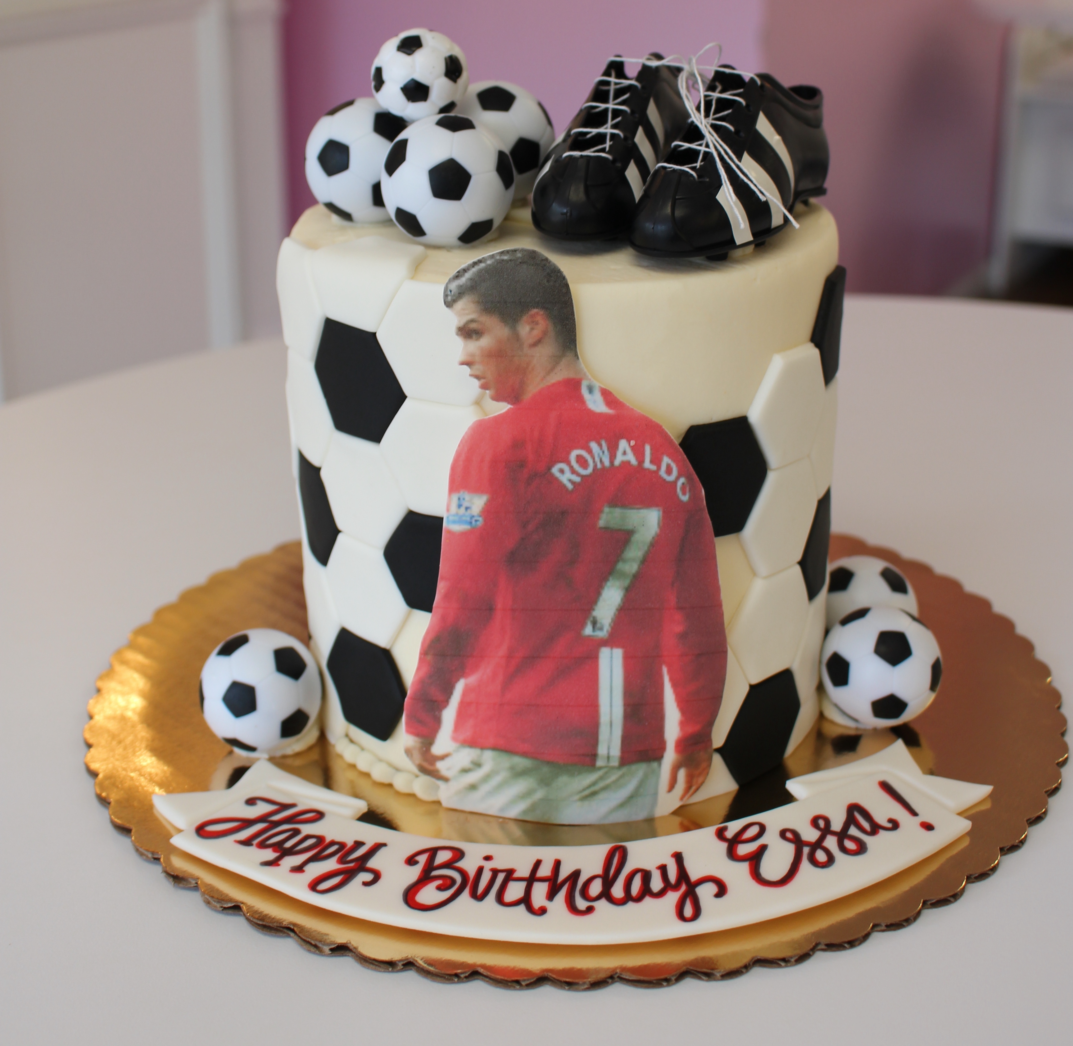 Cristiano Renaldo Soccer Theme Cake with Fondant Cleats and Soccer Balls