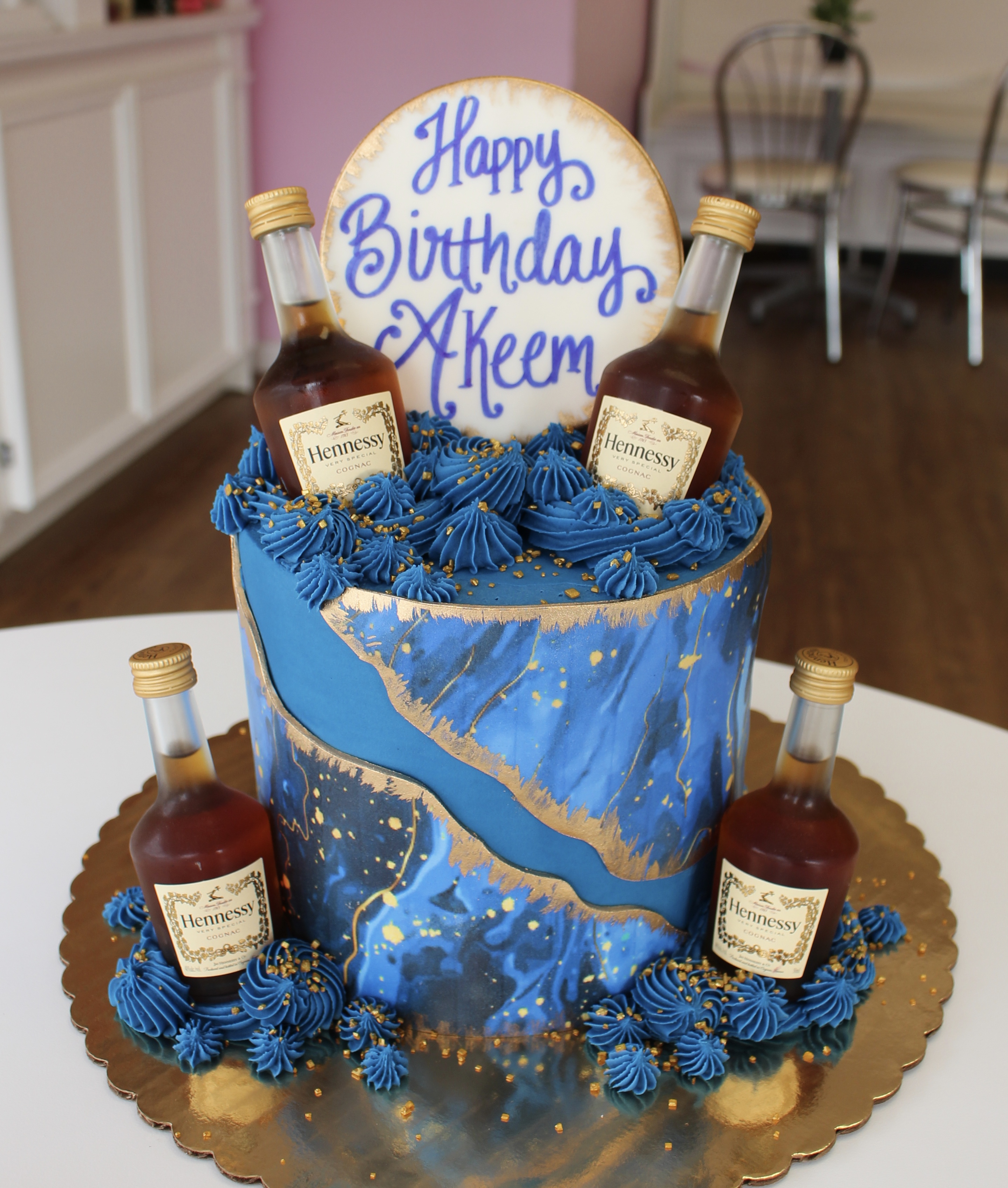 Dark Blue Geode Cake with Hennessy Mini Bottles and Elegant Fondant Marbling