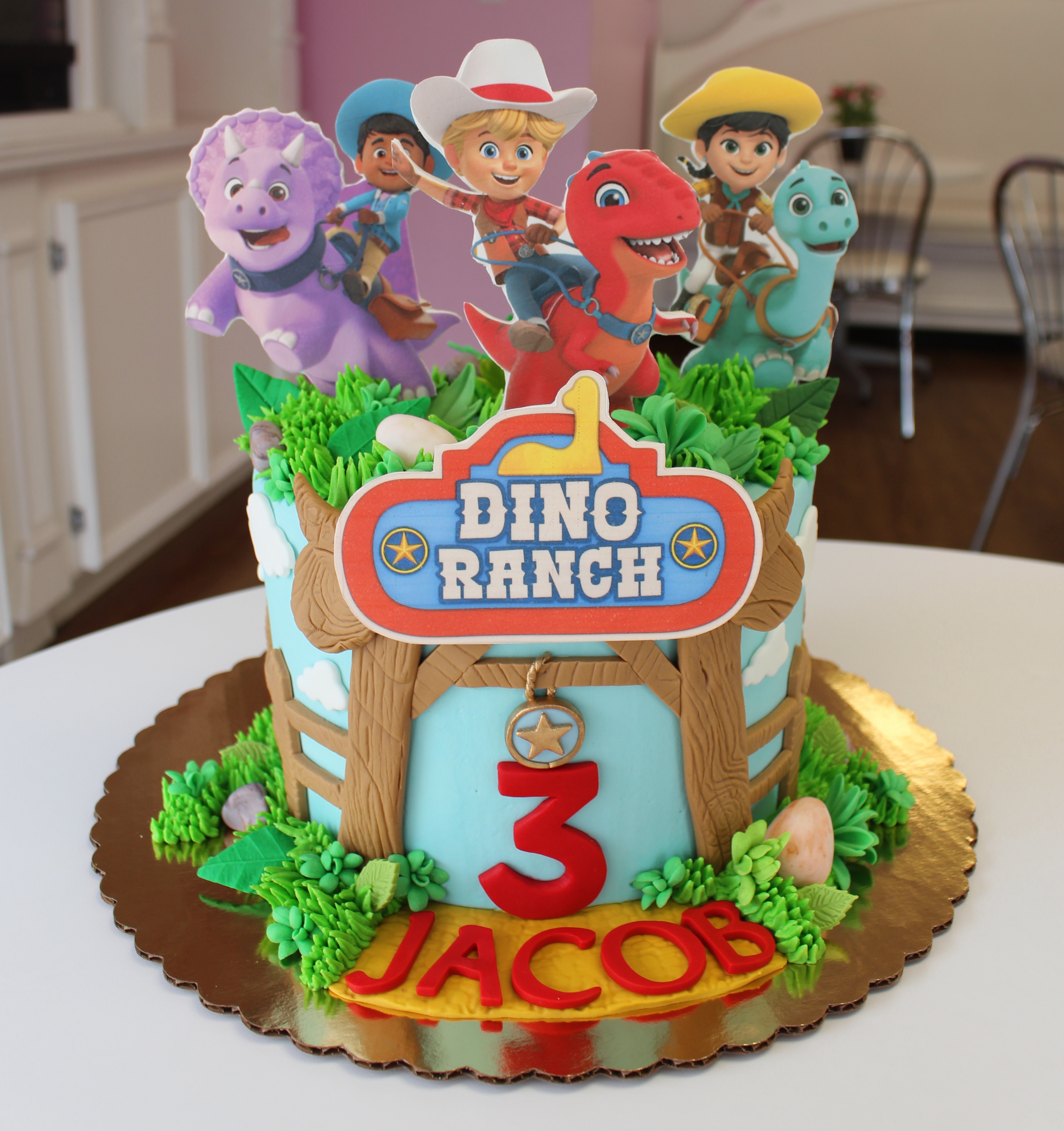 Dino Ranch Themed Kids Birthday Cake with Cute Sugarwork and Edible Images