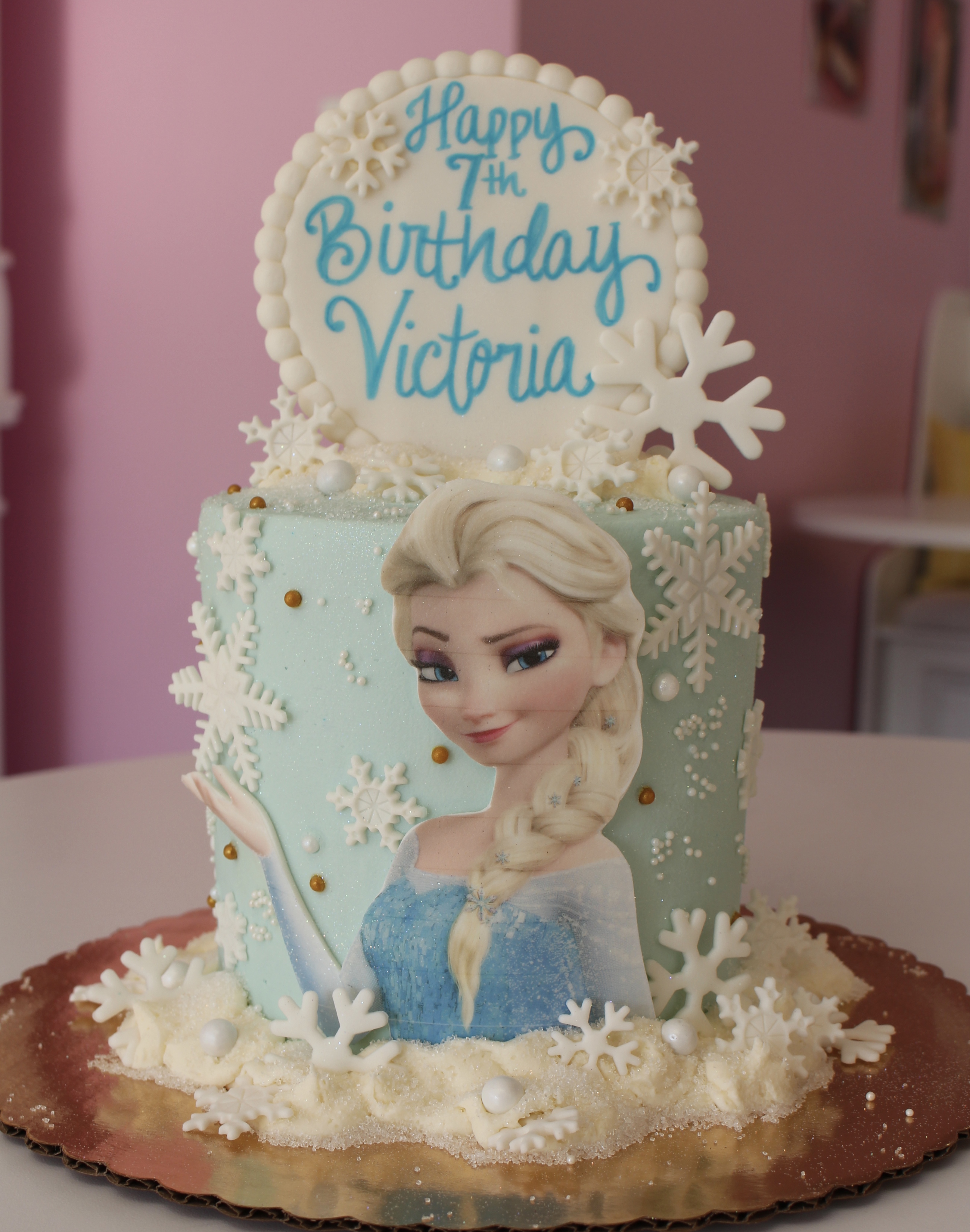 Disney Frozen Elsa Theme Girl Kids Birthday Cake with Light Blue Buttercream and White Fondant Snowflakes