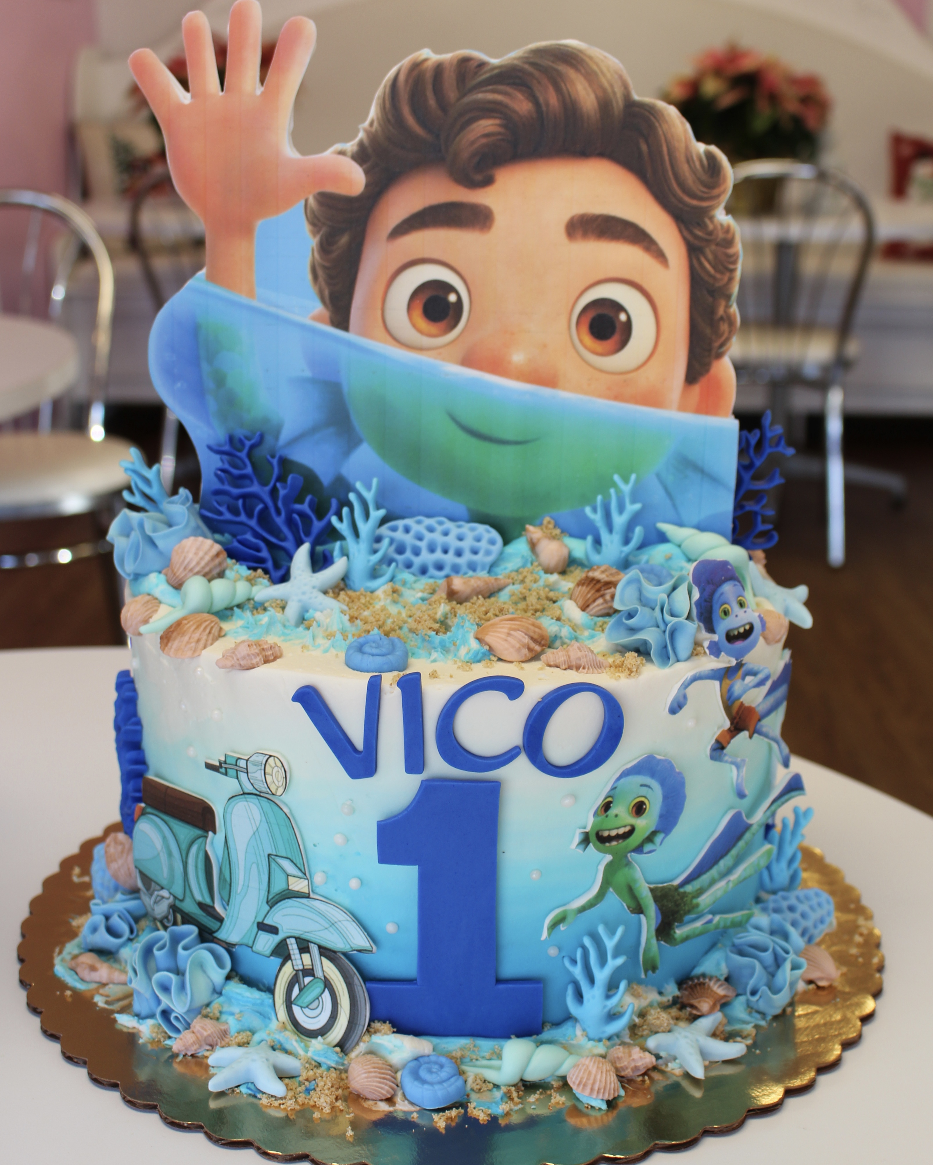 Disney Pixar Luca Theme Blue Ombre Kids Birthday Cake