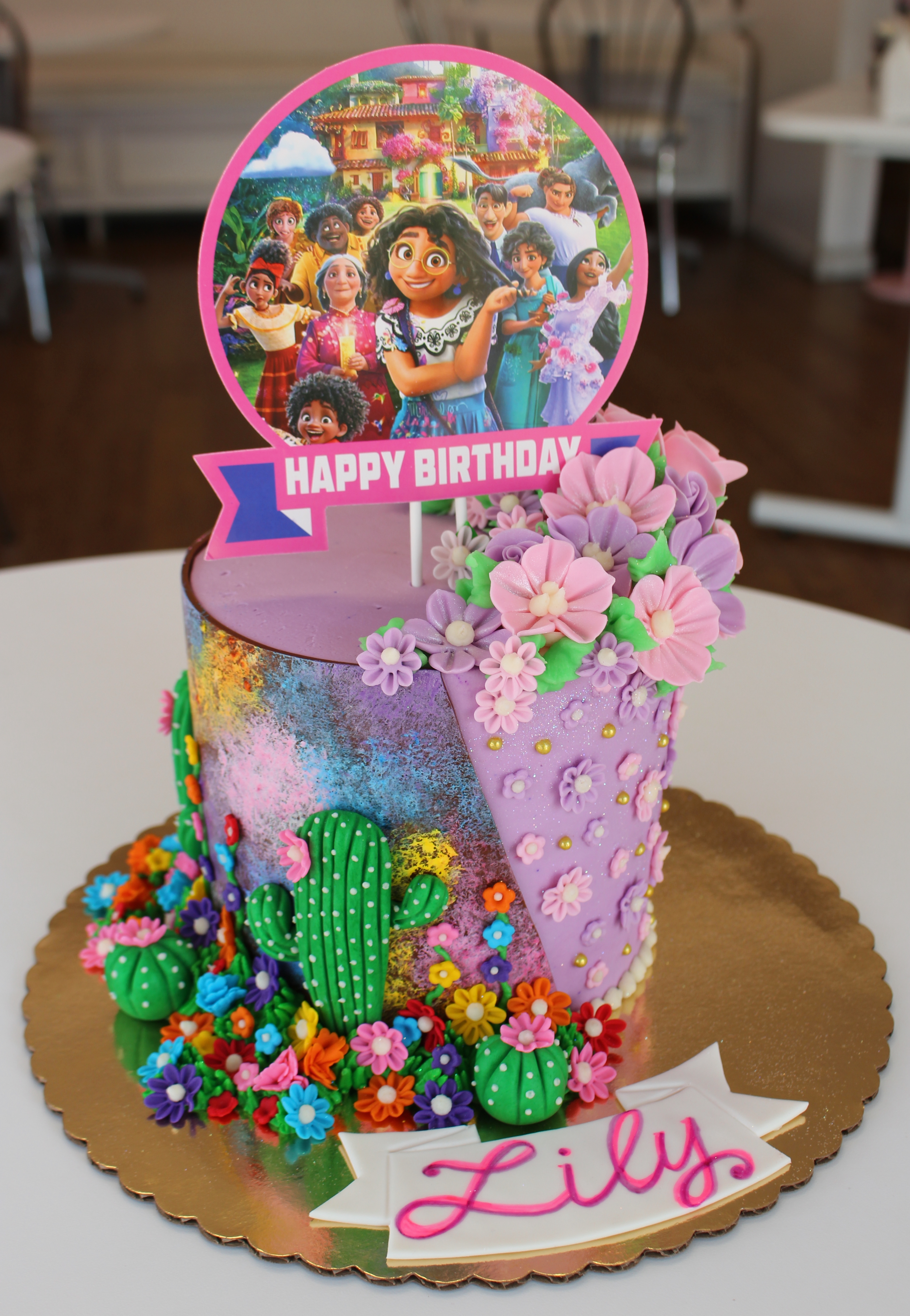 Disney Pixars Encanto Themed Kids Birthday Cake with Fondant Flowers and Cactus
