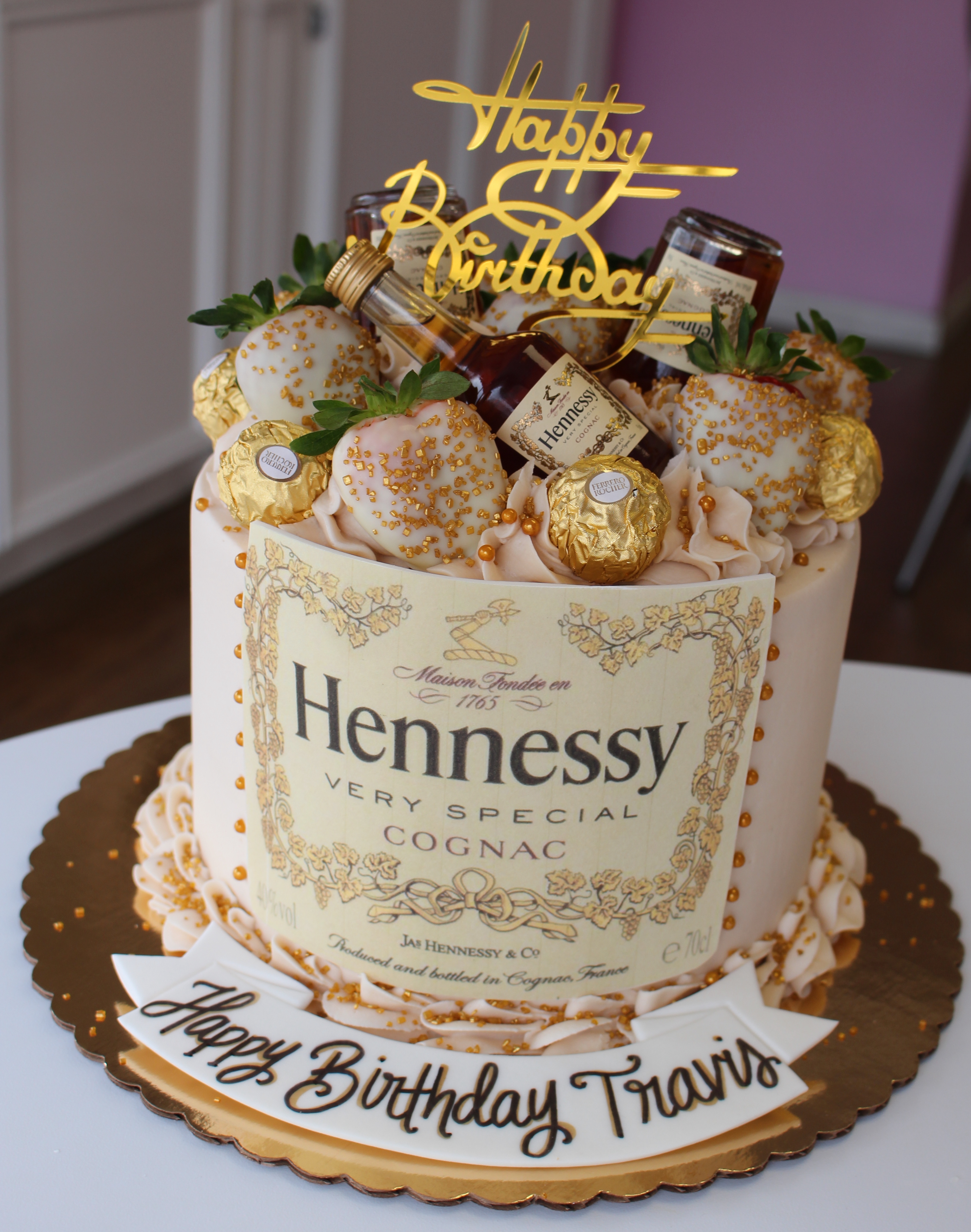 Eggshell Hennesy Theme Cake with Chocolate Dipped Strawberries Hennesy Mini Bottles and Ferrero Rocher Candies