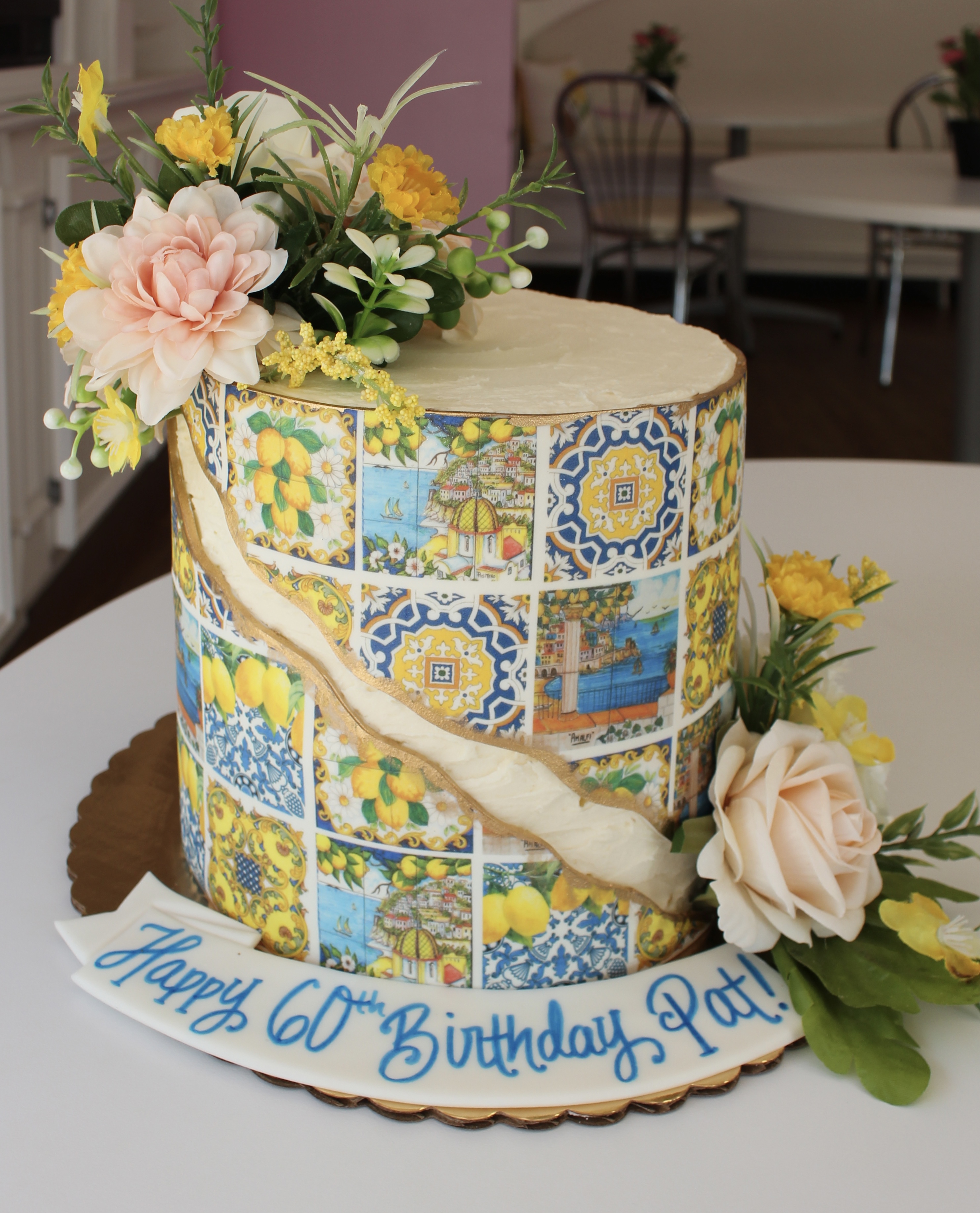 Elegant Tuscany Italy Themed Birthday Cake with Flowers
