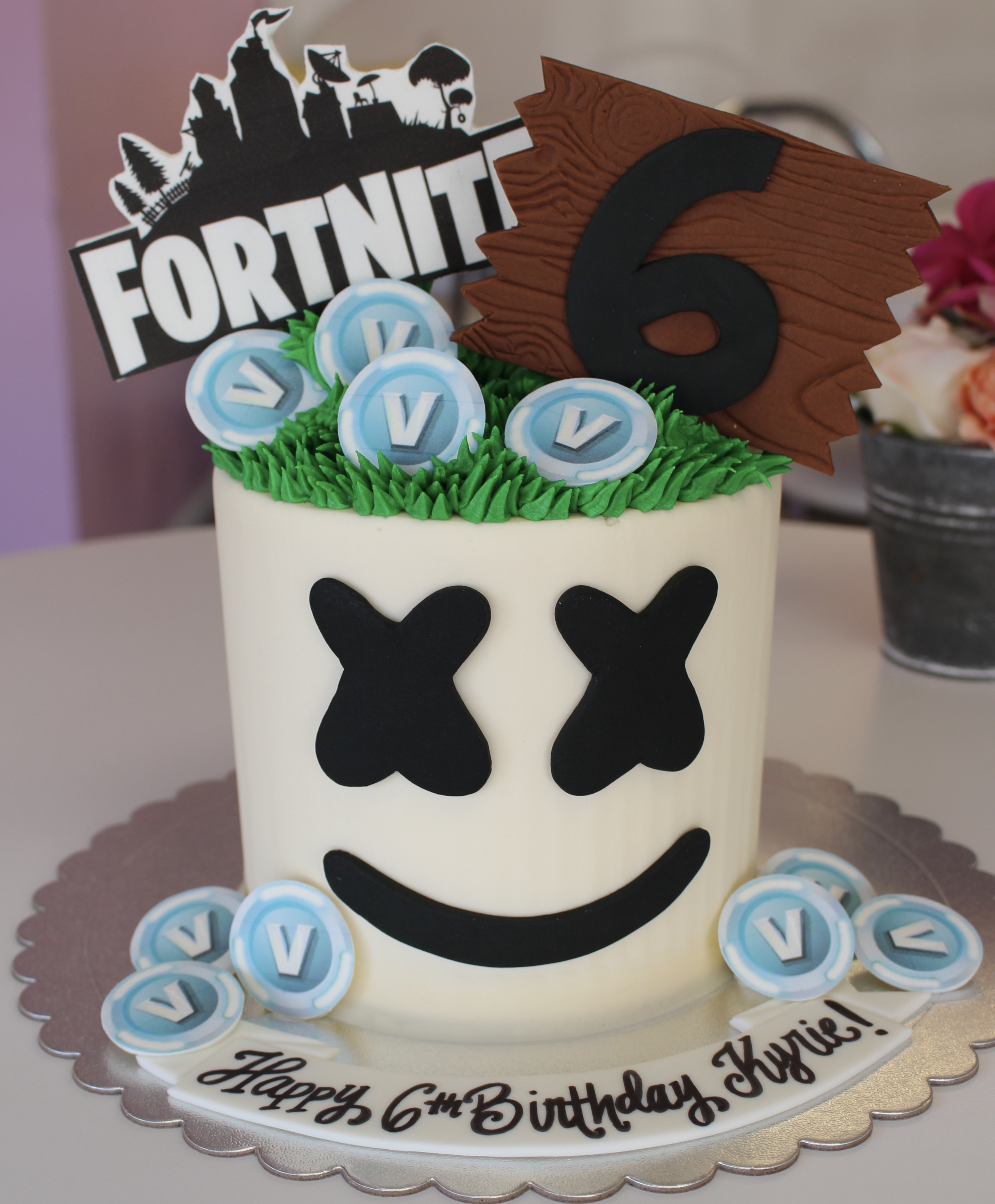 Fortnite Marshmello Themed Kids Birthday Cake with Fondant Topper and V-Bucks