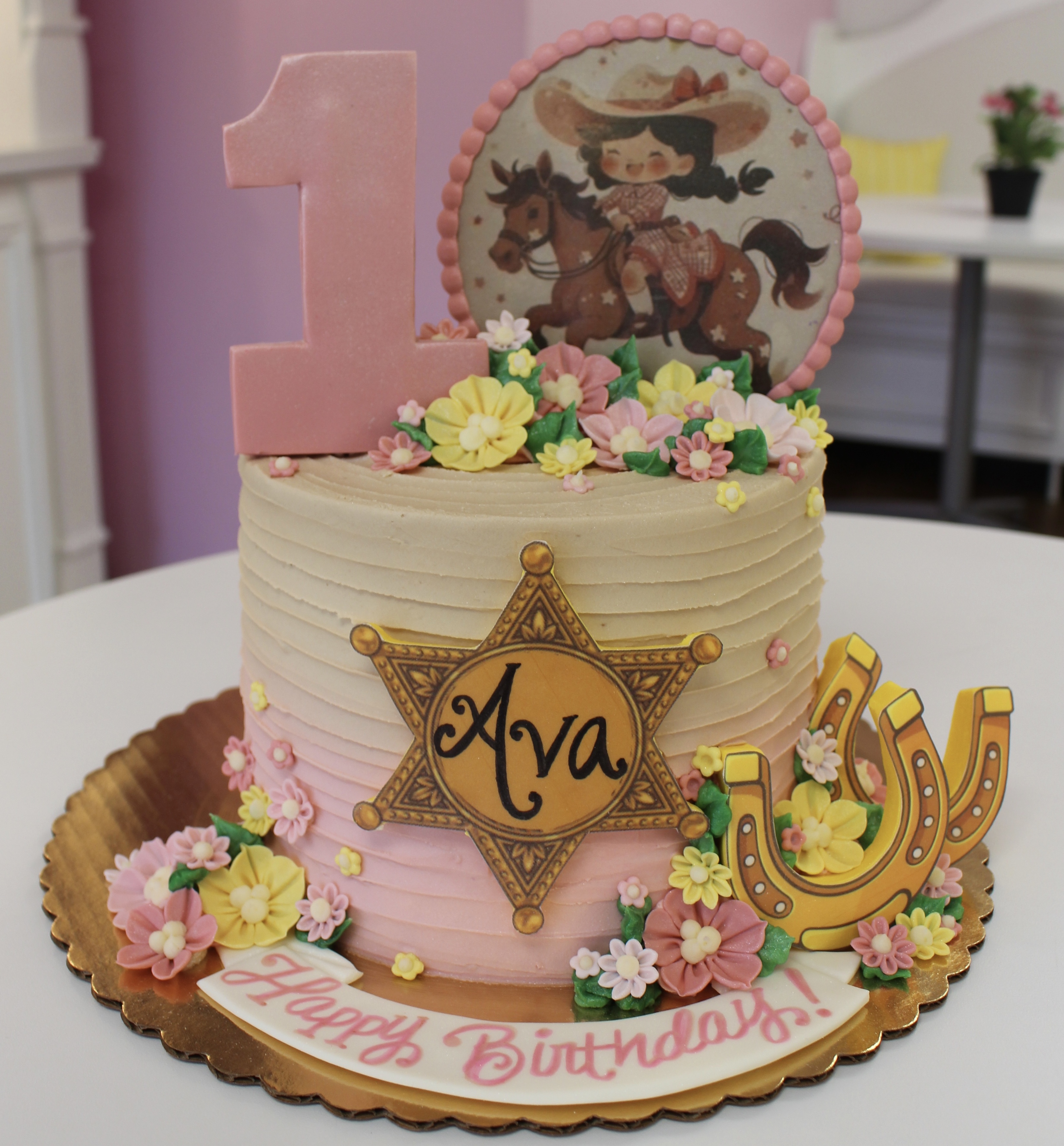 Girls First Birthday Cowgirl Theme Cake with Fondant Flowers and Toppers