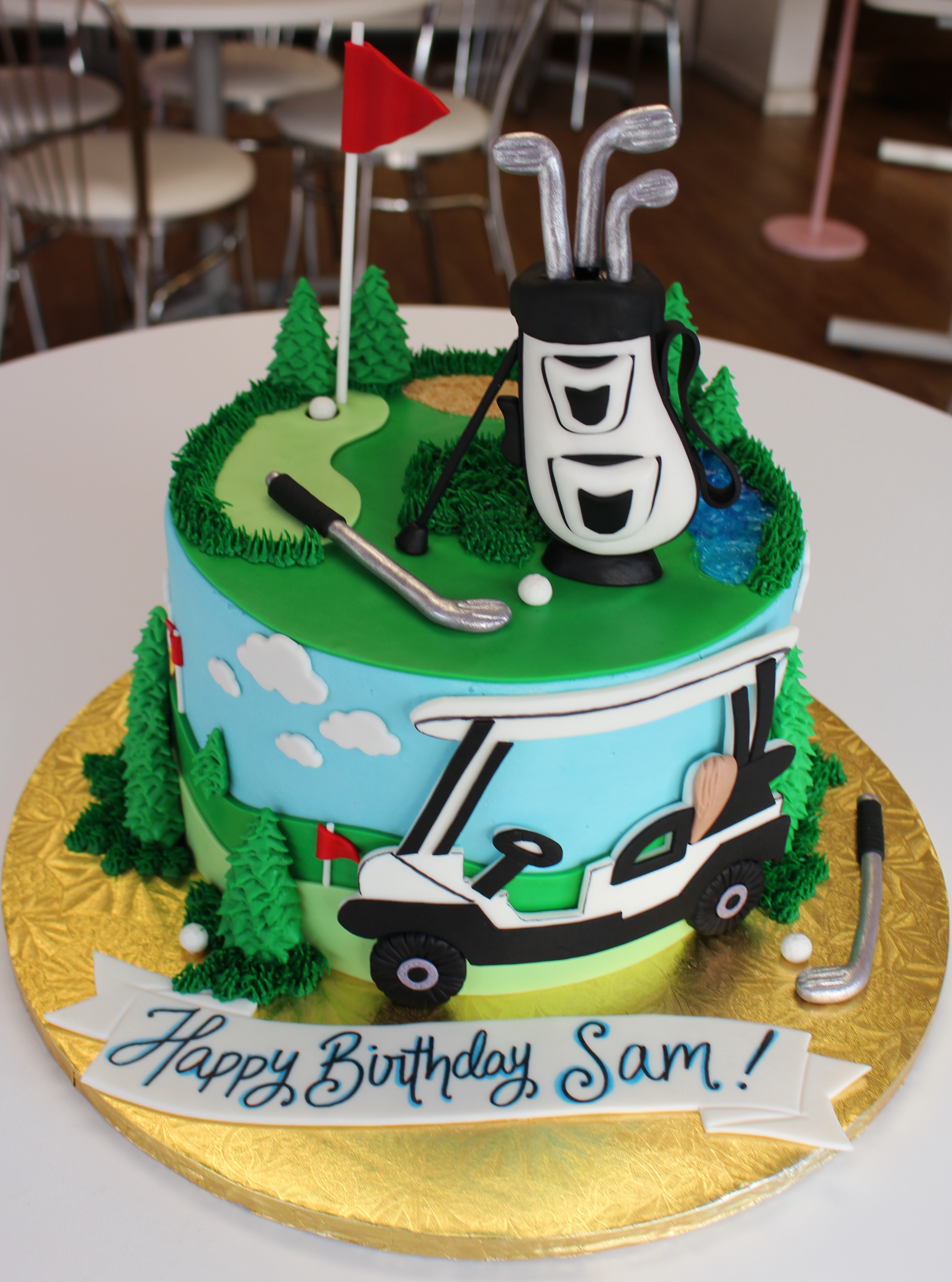 Golf Themed Birthday Cake with Fondant Golf Clubs, Golf Cart, and Trees