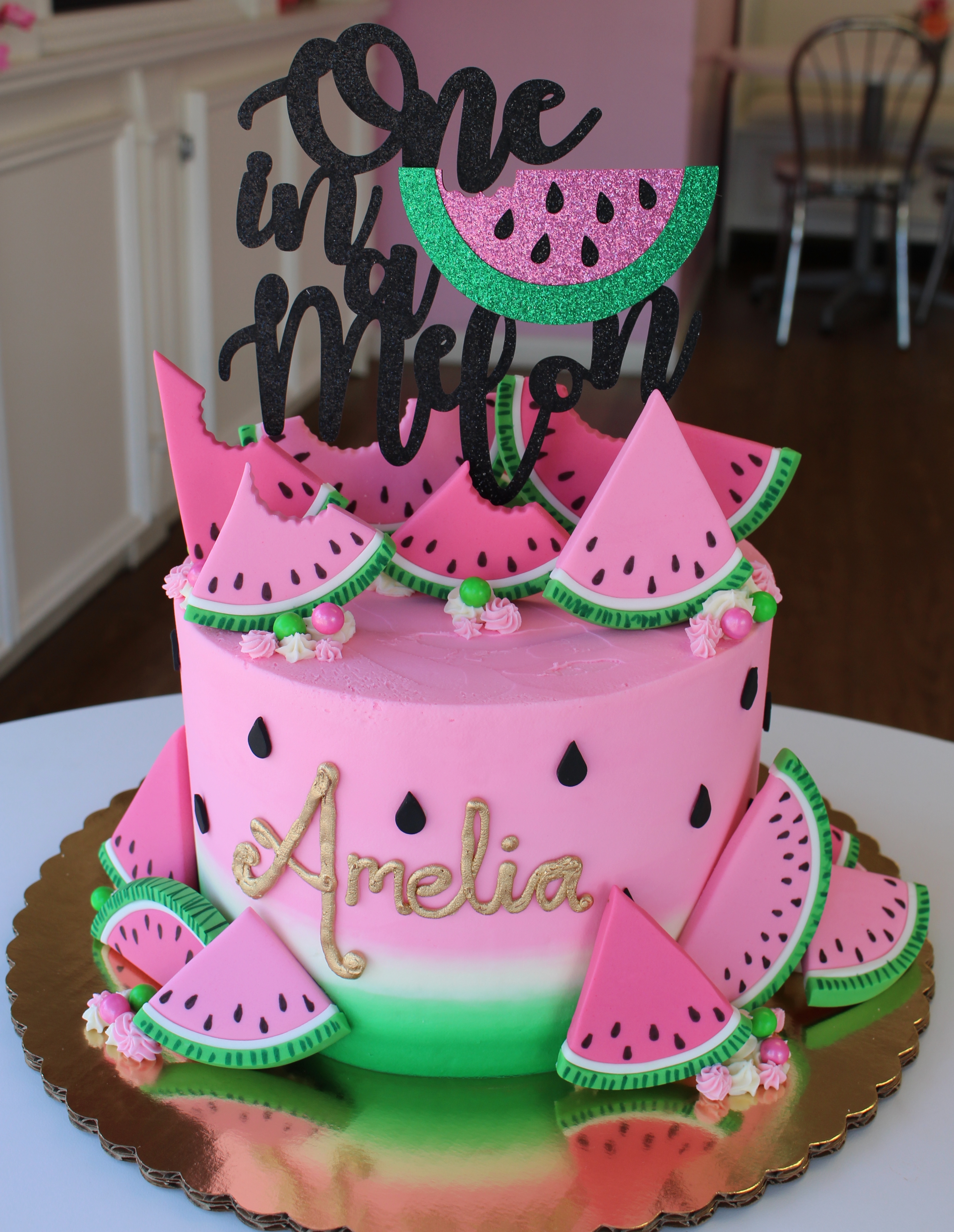 Green and Pink Watermelon Theme 'One in a Melon' First Birthday Cake with Fondant Watermelon Slices