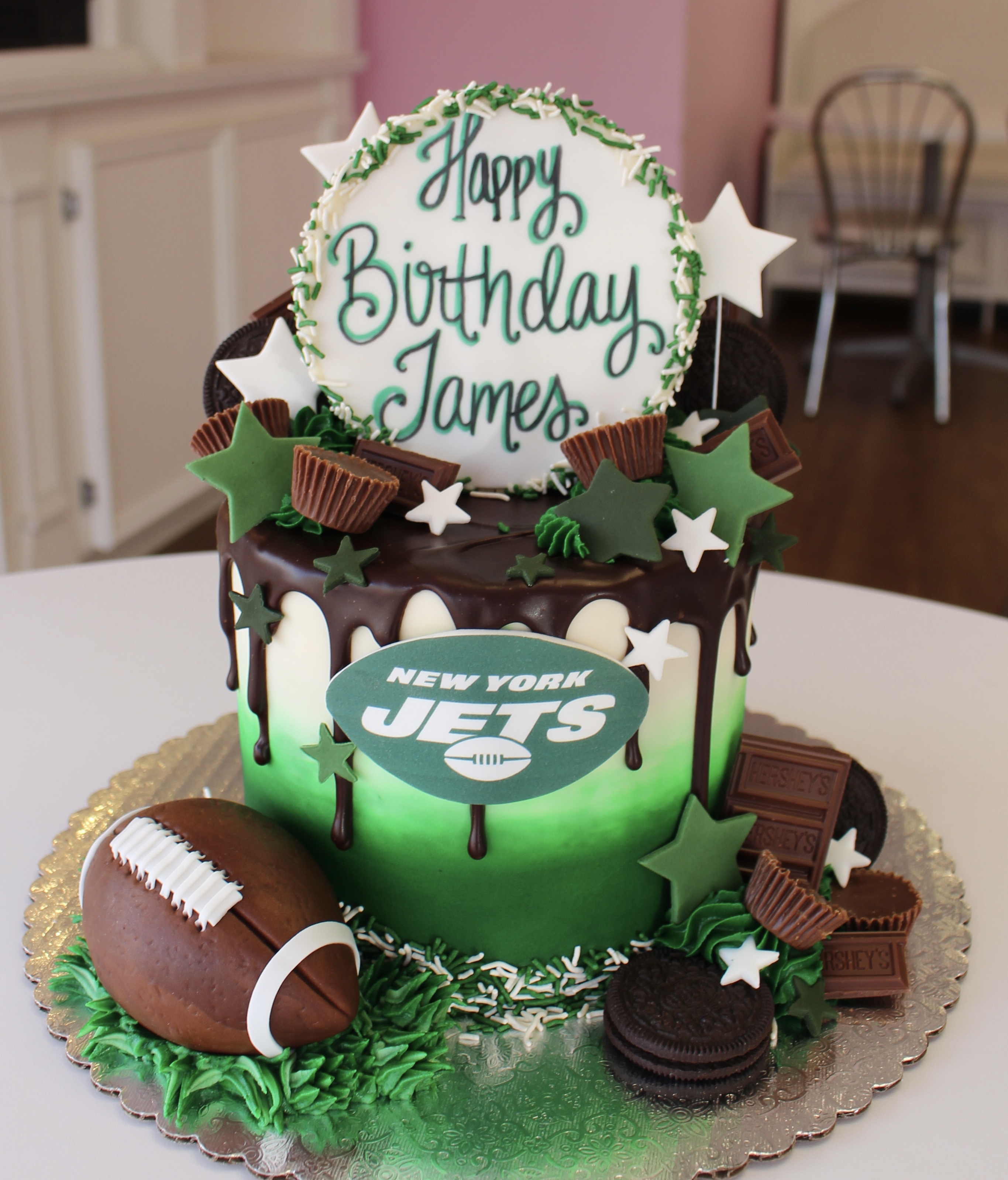 Green and White Ombre Jets Theme Sports Drip Cake with Fondant Football