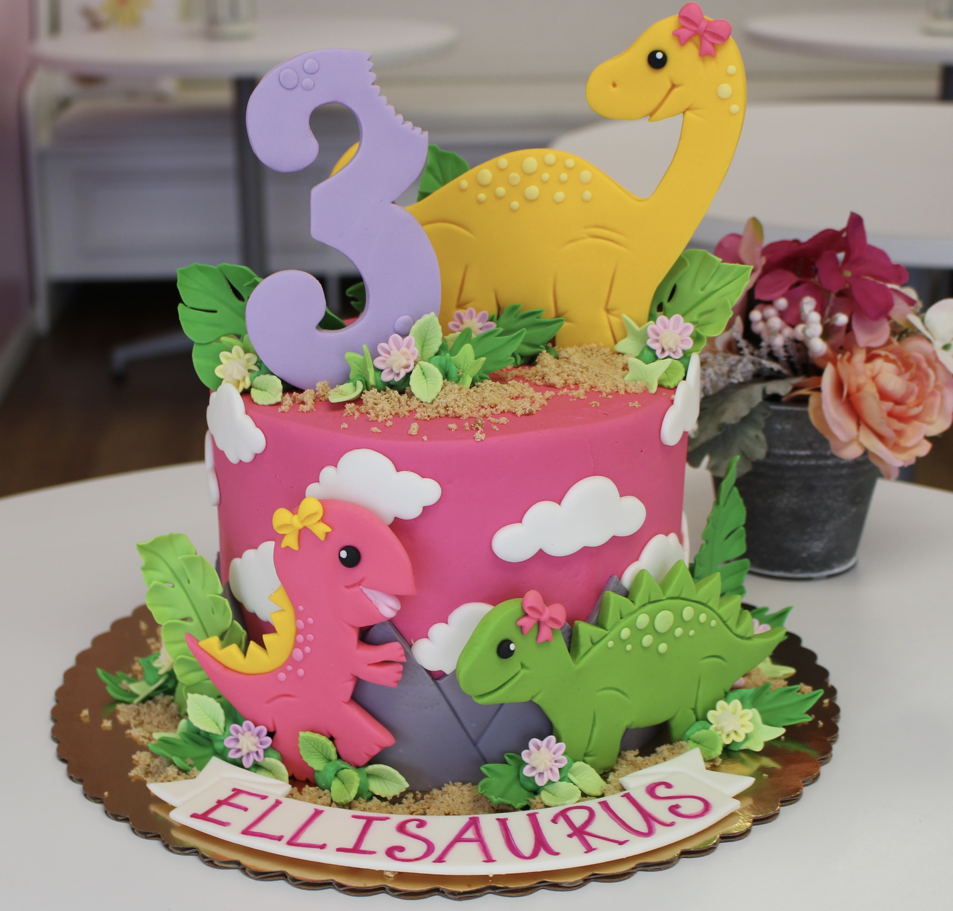 Hot Pink Kids Girl Dinosaur Cake with Cute Fondant Dinosaurs Clouds and Leaves