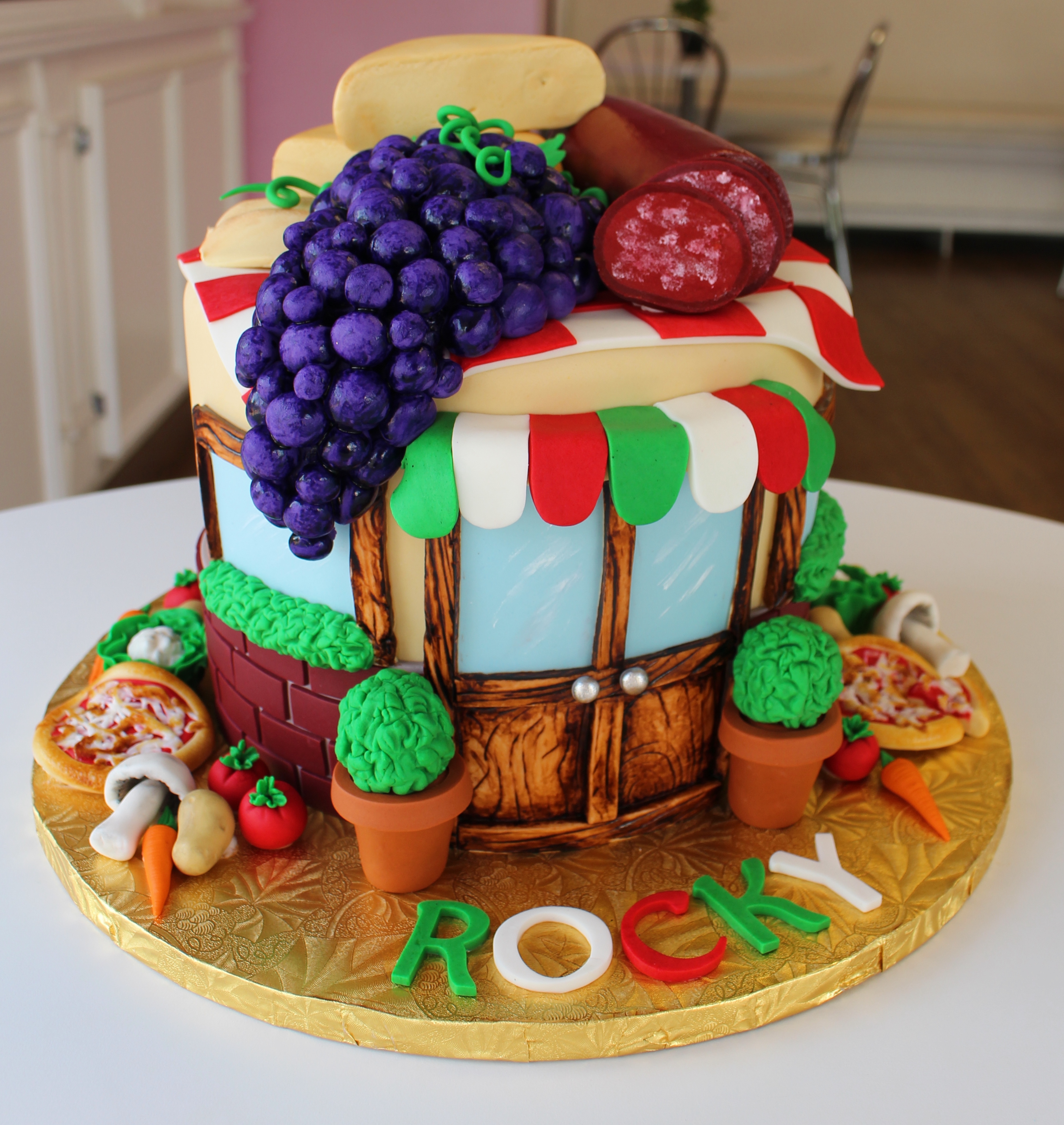 Italian Deli Themed Cake with Fondant Meats Grapes Cheeses and Storefront