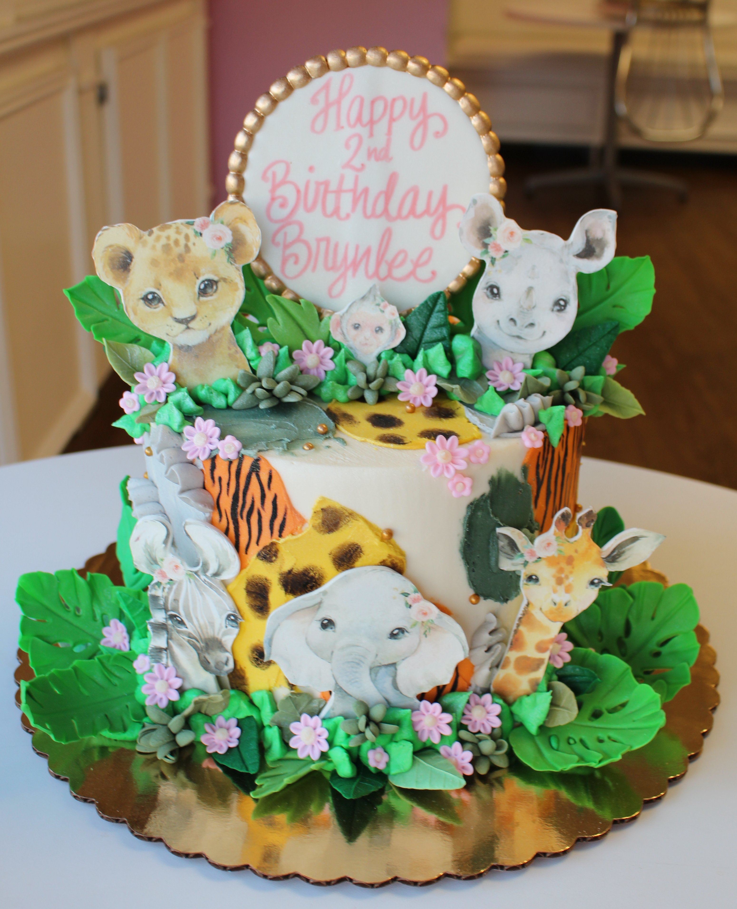 Jungle Safari Themed Kids Birthday Cake with Fondant Leaves and Animals