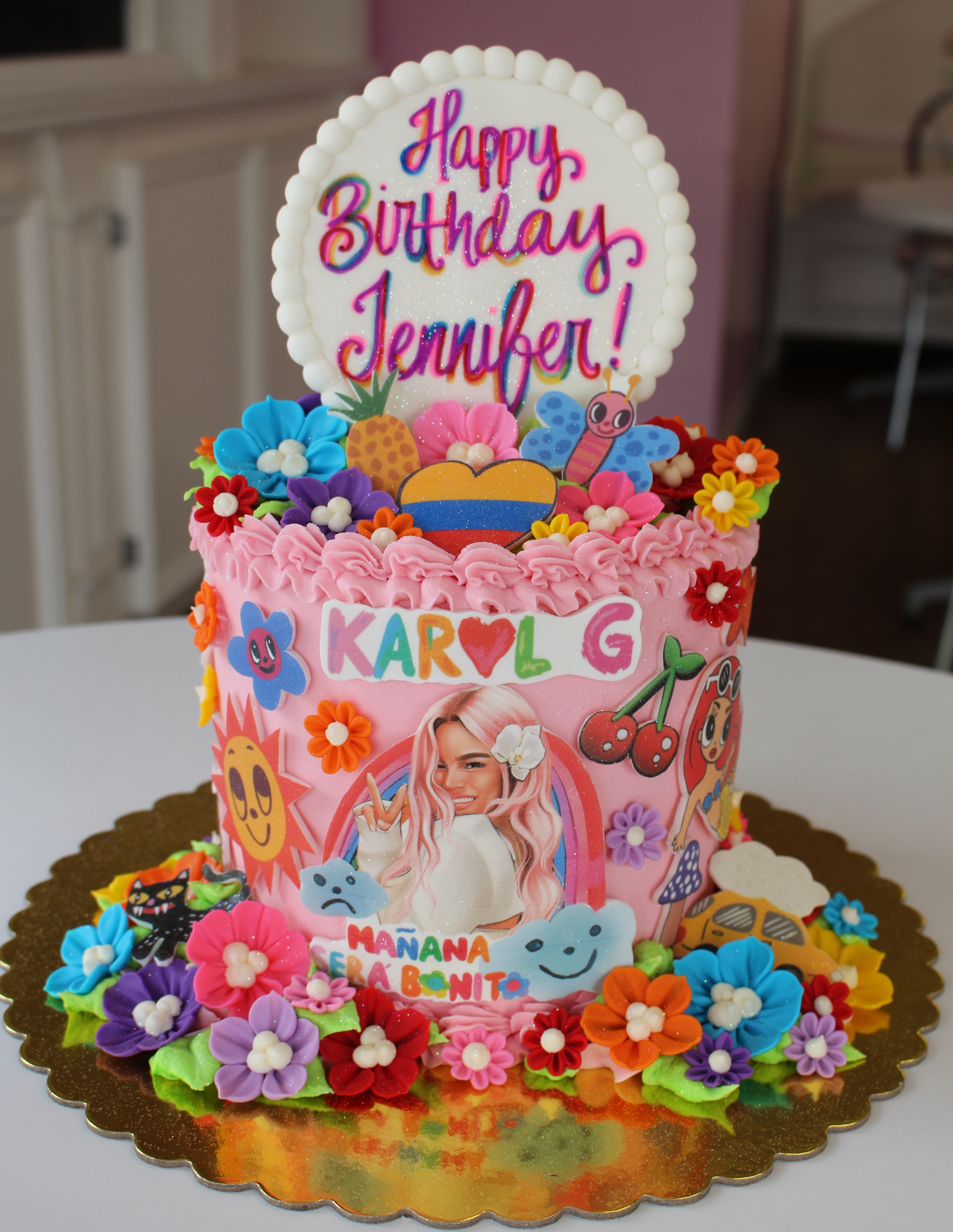 Karol G Birthday Cake with Colorful Flowers