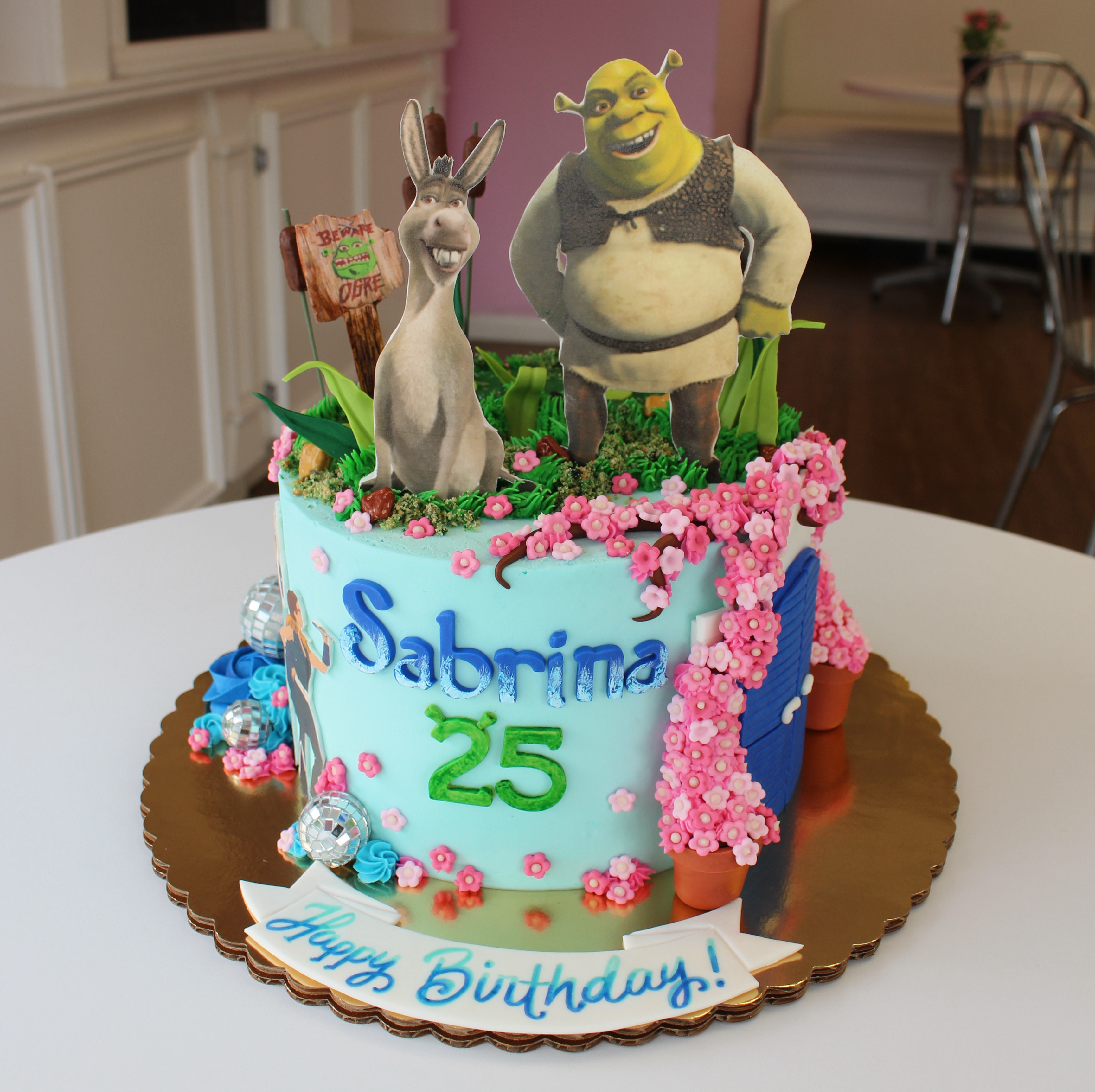 Light Blue Shrek and Mama Mia Themed Birthday Cake Fondant Flowers and Edible Shrek and Donkey Images