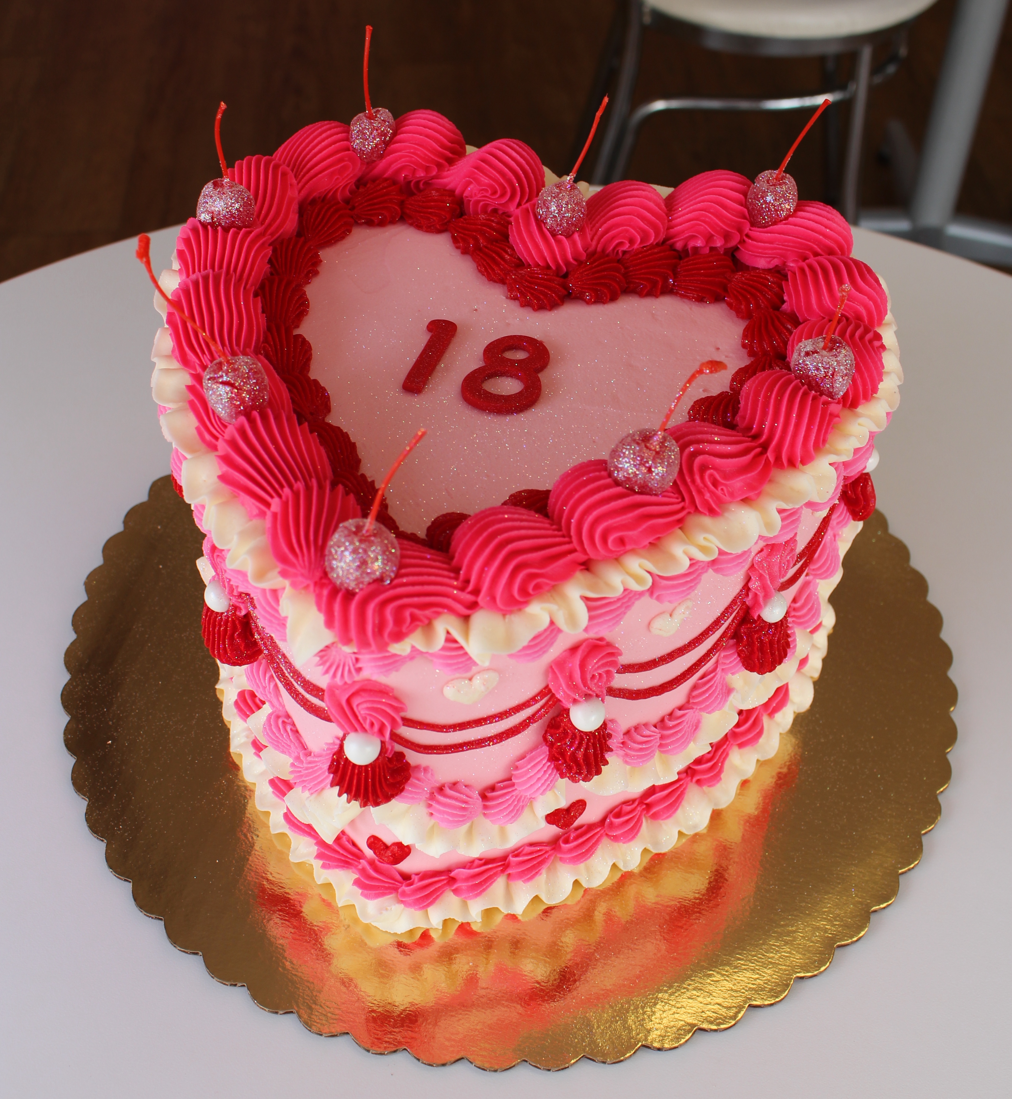 Light Pink Hot Pink and Red Vintage Hand Piped Heart Cake with Glitter Covered Cherries