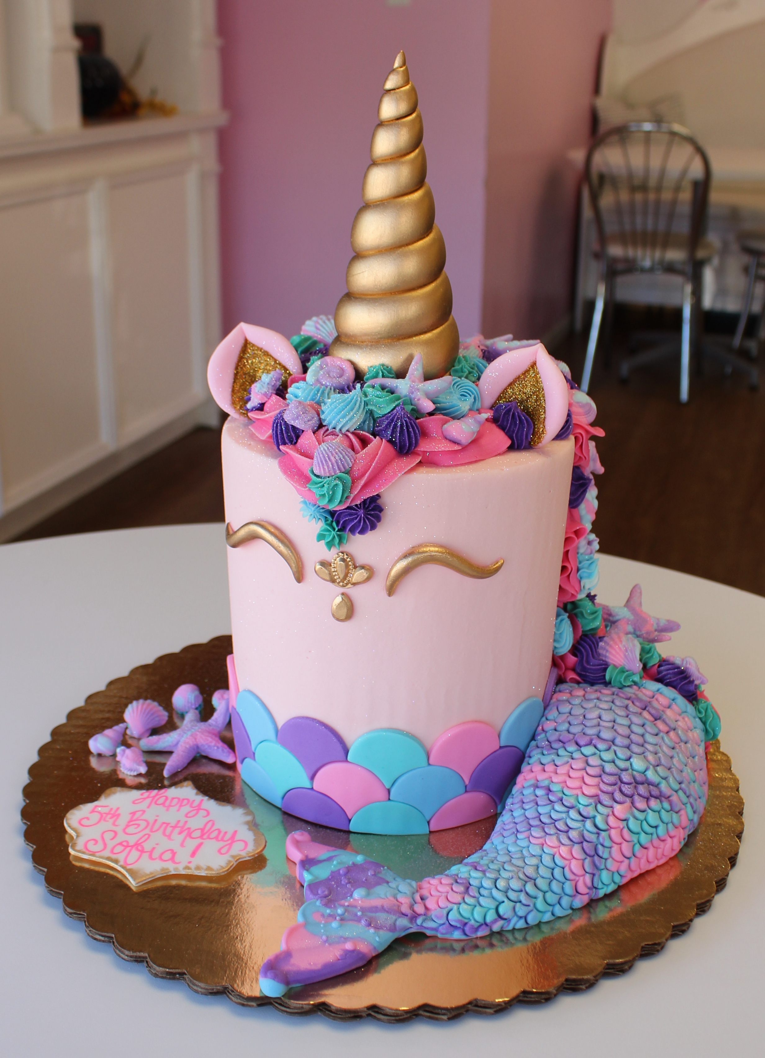 Light Pink Mermaid Unicorn Theme Cake with Fondant Unicorn Horn and Mermaid Tail