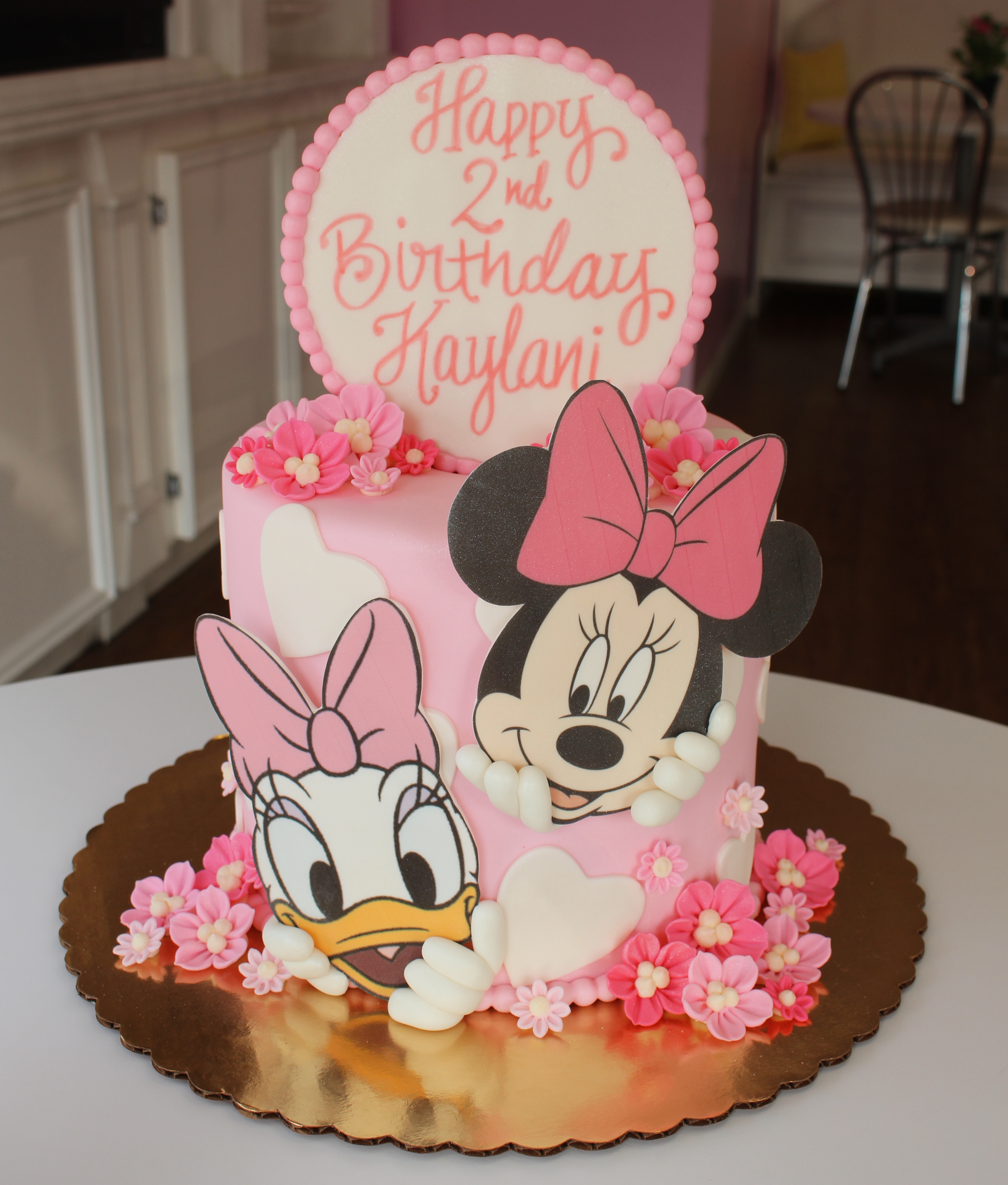 Light Pink Minnie Mouse and Daisy Duck Cake with Fondant Hearts and Flowers