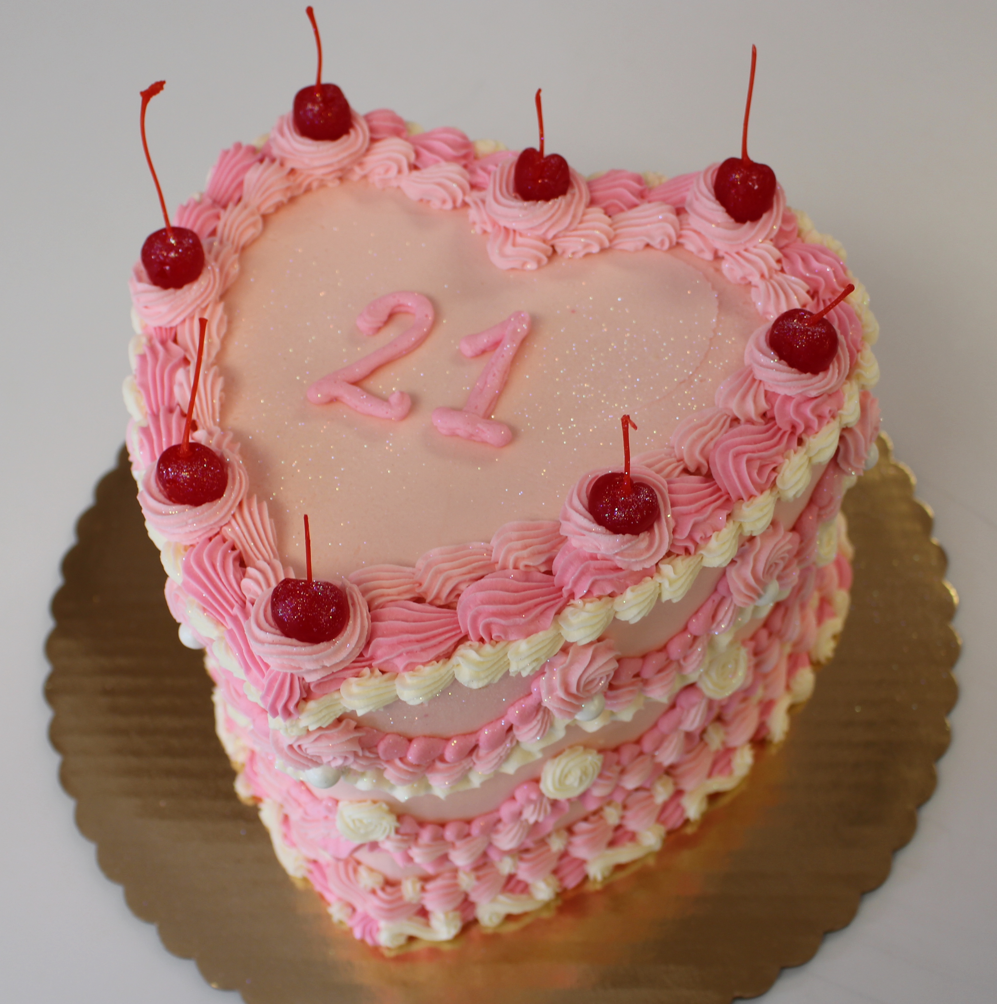 Light Pink Vintage Hand Piped Heart Cake with Maraschino Cherries