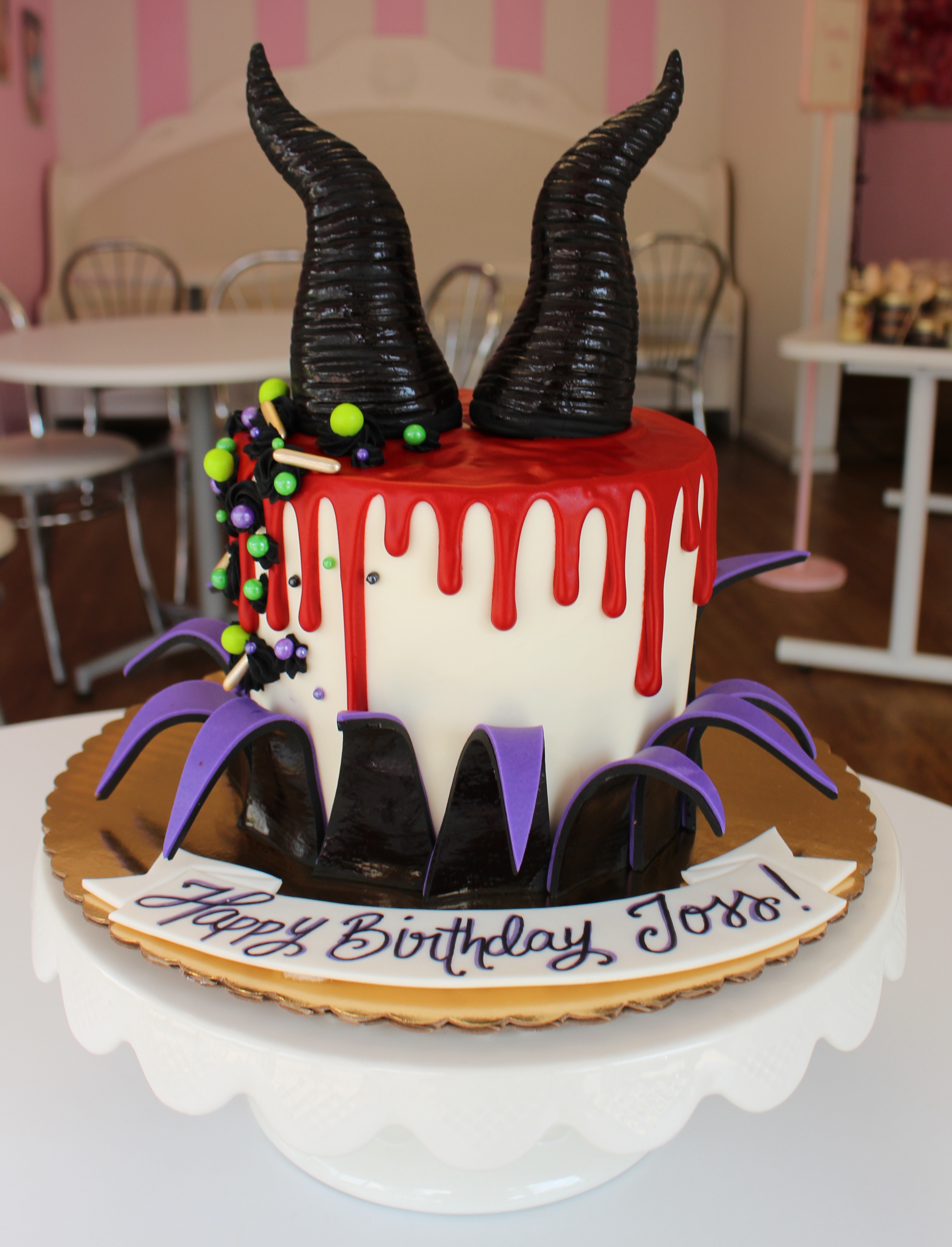 Maleficent Themed Cake with Blood Red Drip and Fondant Horns and Flared Collar