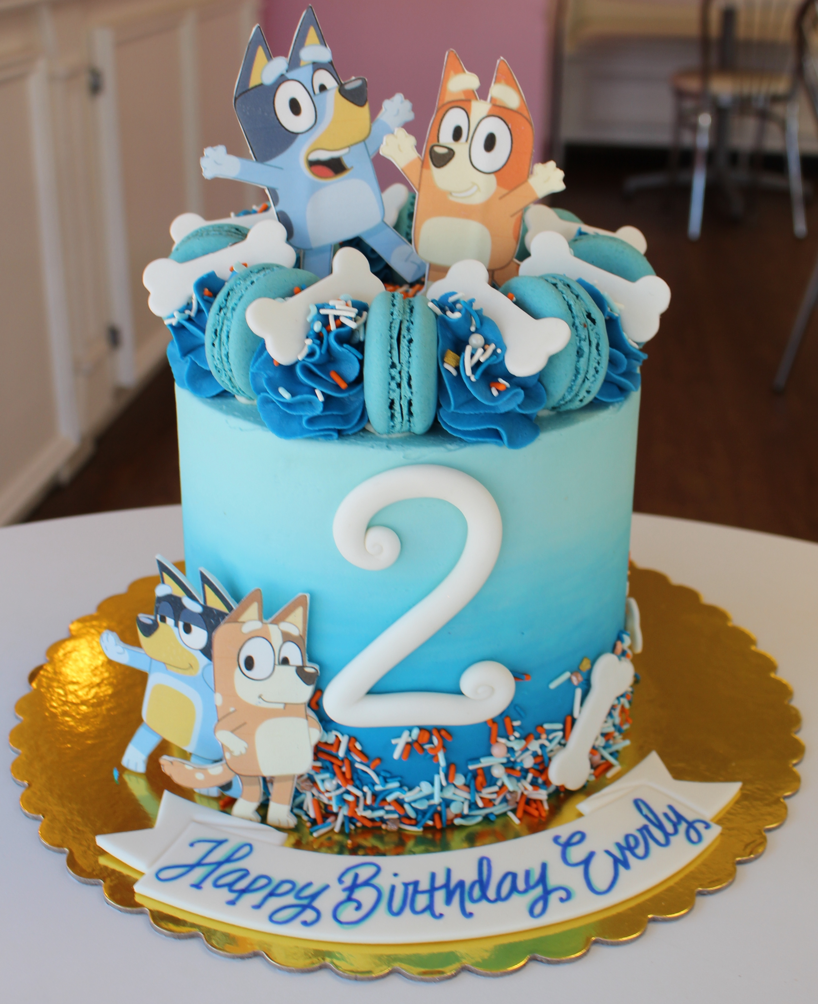Ombre Bluey and Bingo Cake with Bones and French Macaron