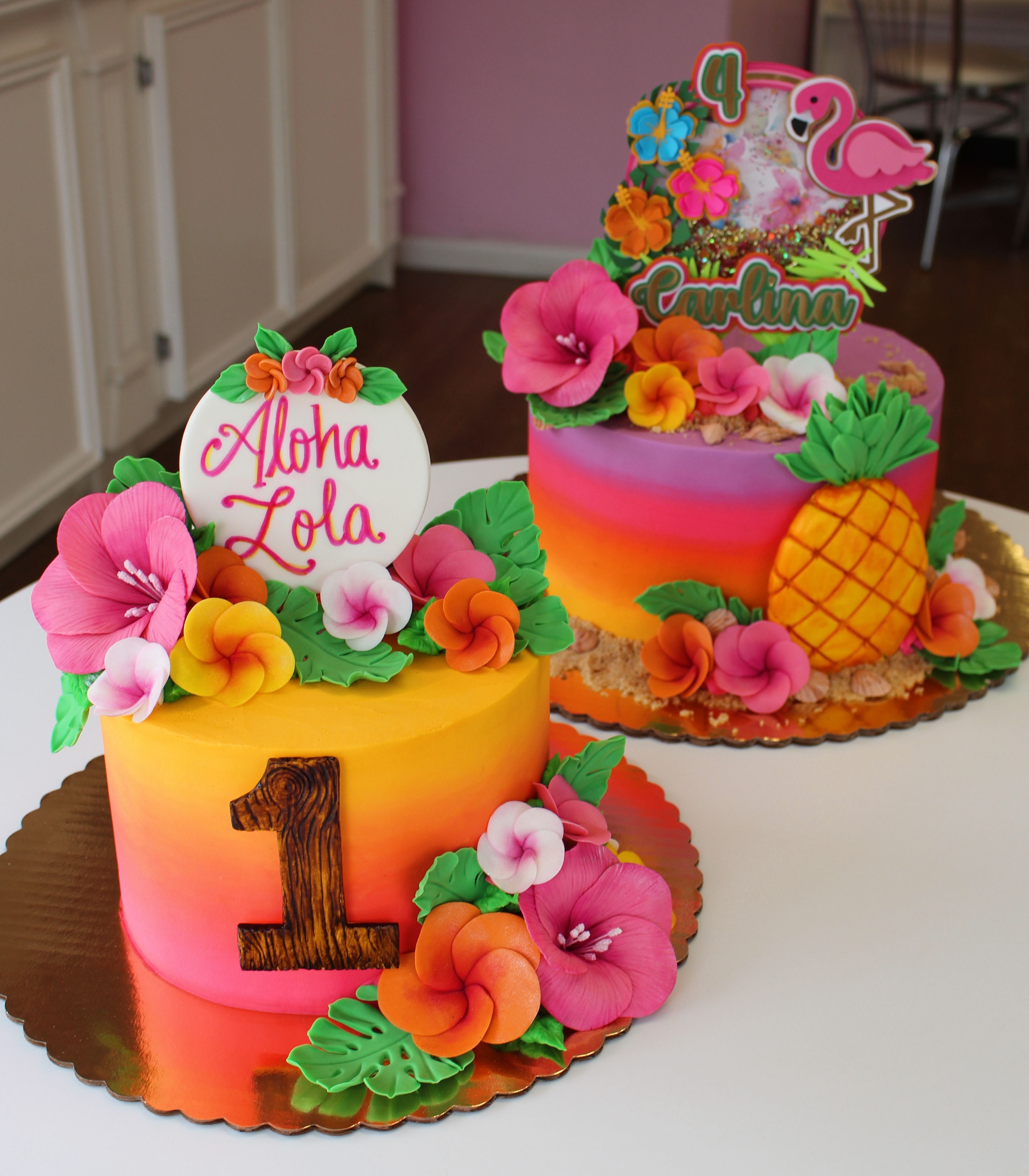 Ombre Hawaiian Sunset Themed Cake with Fondant Flowers Leaves and Pineapple