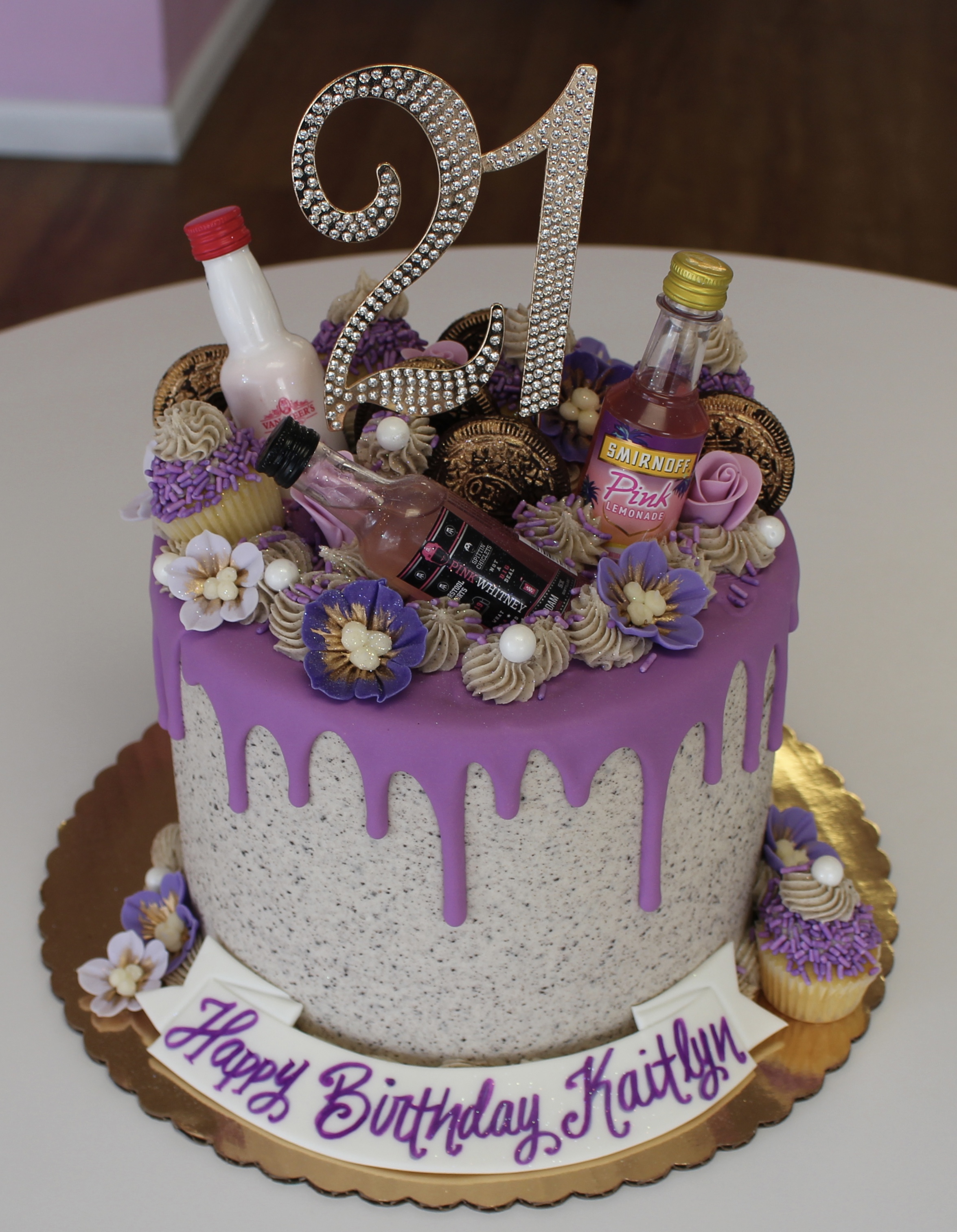 Oreo Cookies and Cream Purple Drip Cake 21st Birthday Cake with Mini Bottles Sugarwork and 21 Topper