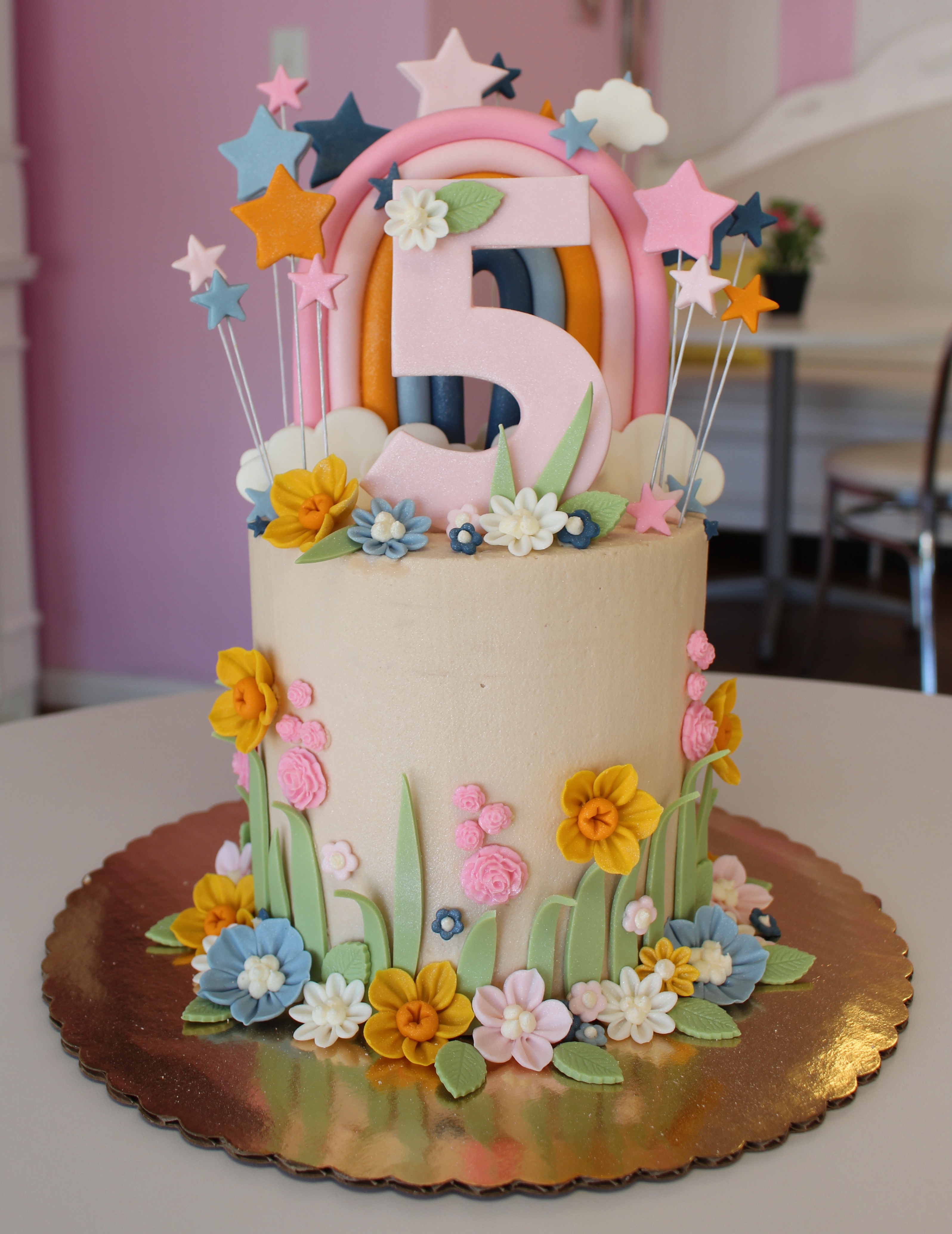 Pastel Rainbow Whimsical Flowers Girl Kids Birthday Cake with Fondant Flowers Clouds and Stars