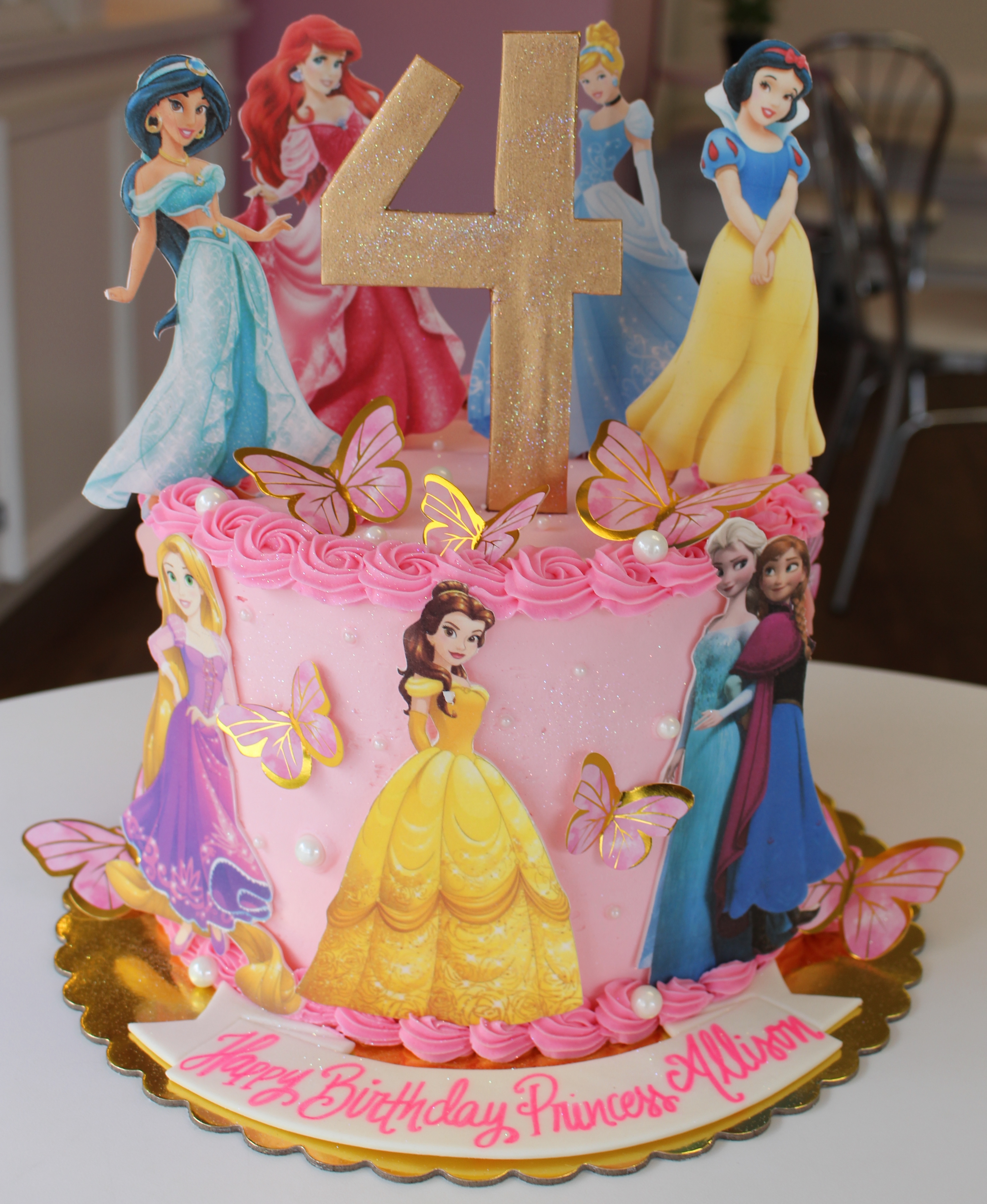 Pink Disney Princesses Cake with Hand Piped Border and Paper Butterflies