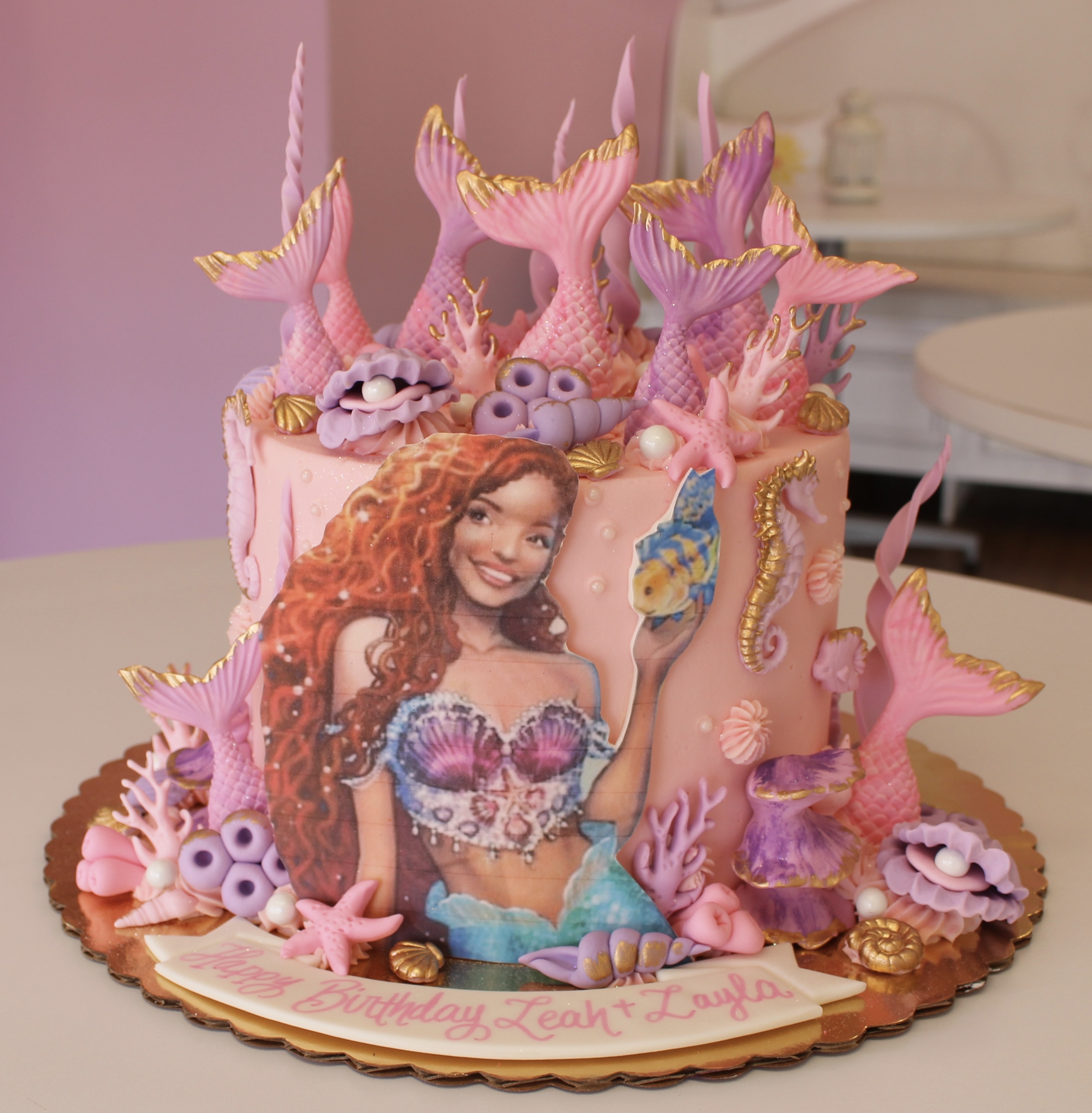 Pink Hallie Bailey The Little Mermaid Themed Cake with Fondant Gold Brushed Mermaid Tails