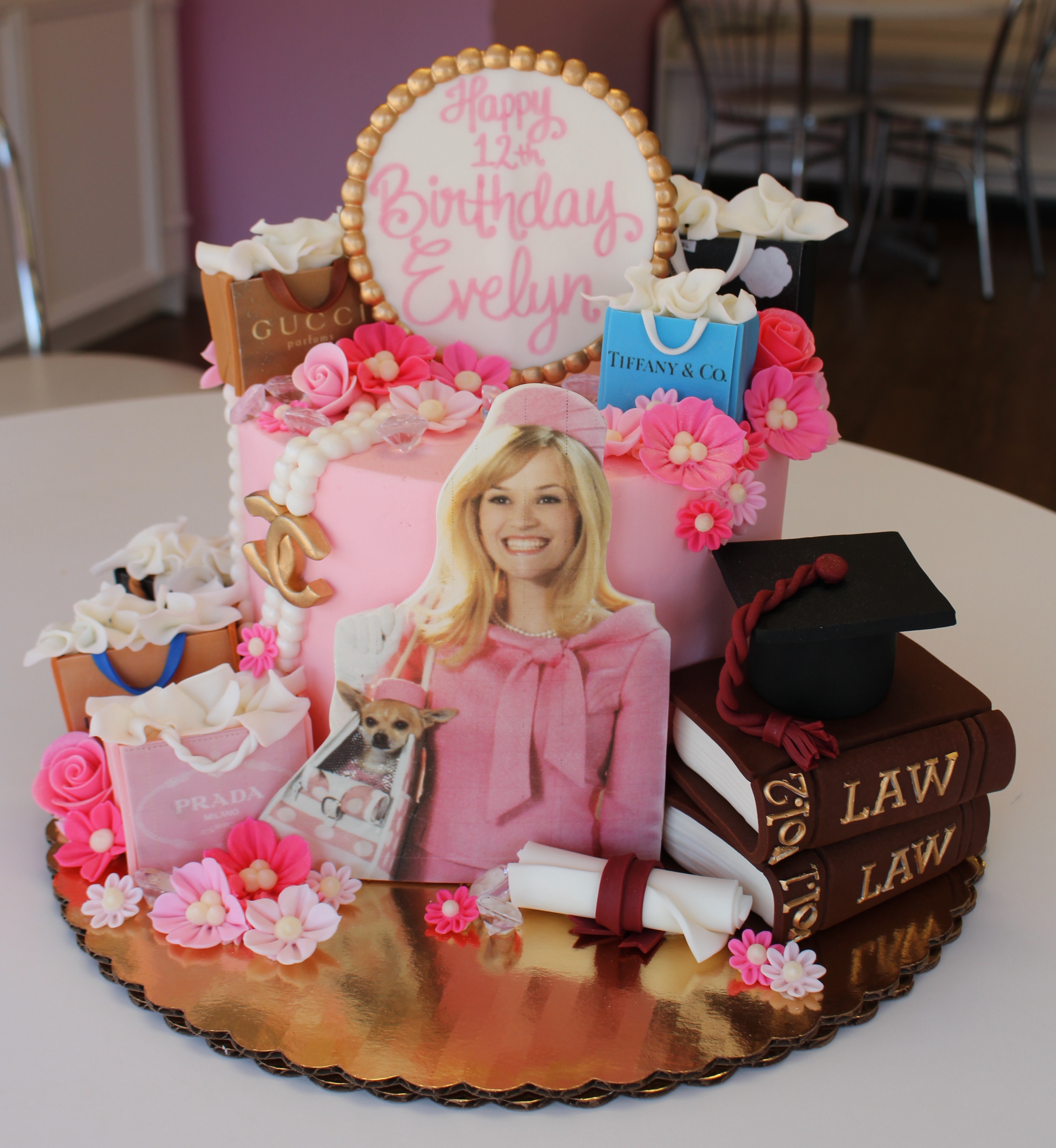 Pink Legally Blonde Theme Cake with Elle Woods and Fondant Shopping Bags, Law Books, and Graduation Cap