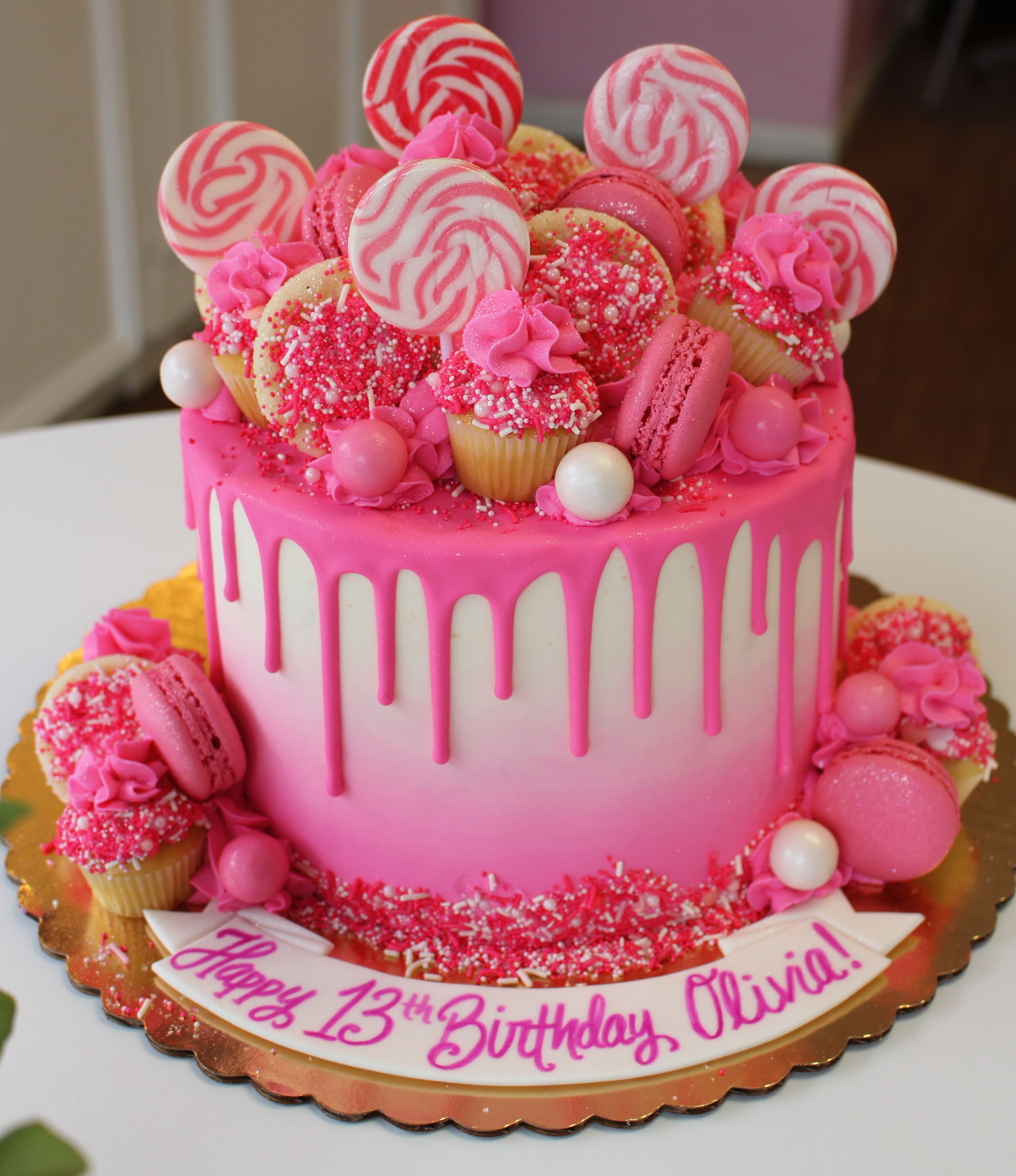 Pink and White Ombre Candyland Drip Cake with Cookies and Mini Cupcakes