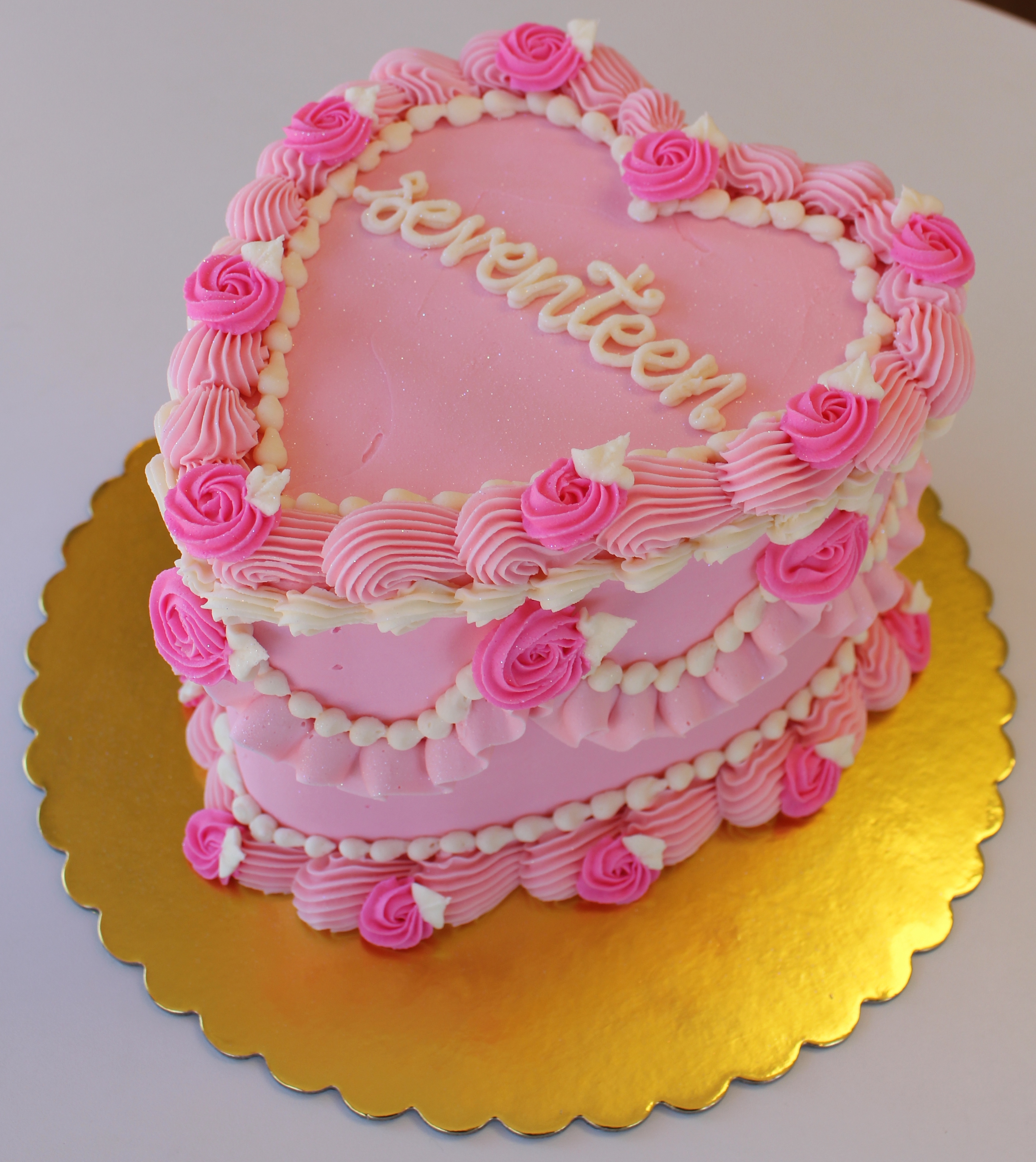 Pink and White Vintage Heart Cake with Hand Piped Inscription