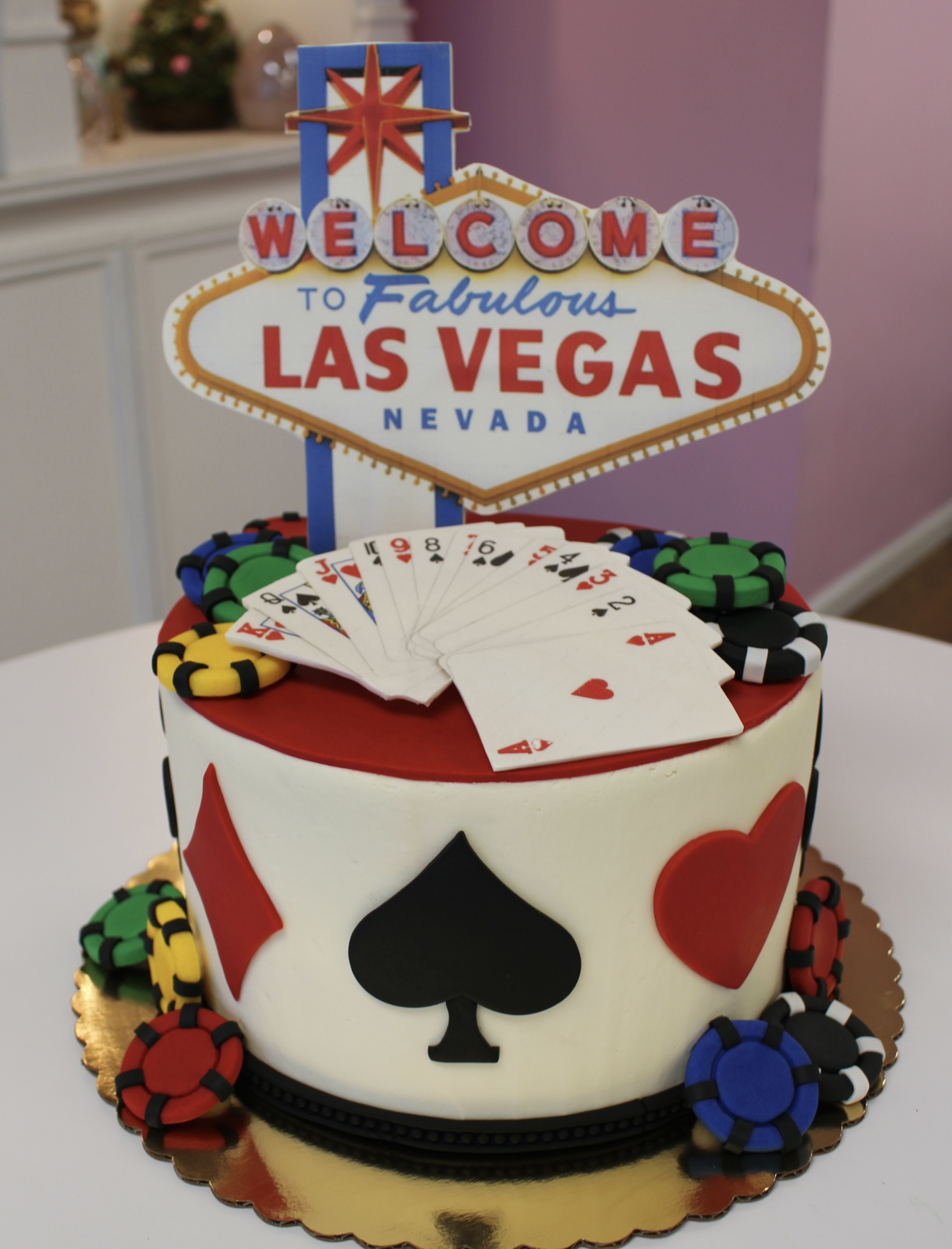 Poker Night in Las Vegas Birthday Cake with Fondant Playing Cards Poker Chips and Card Suits 