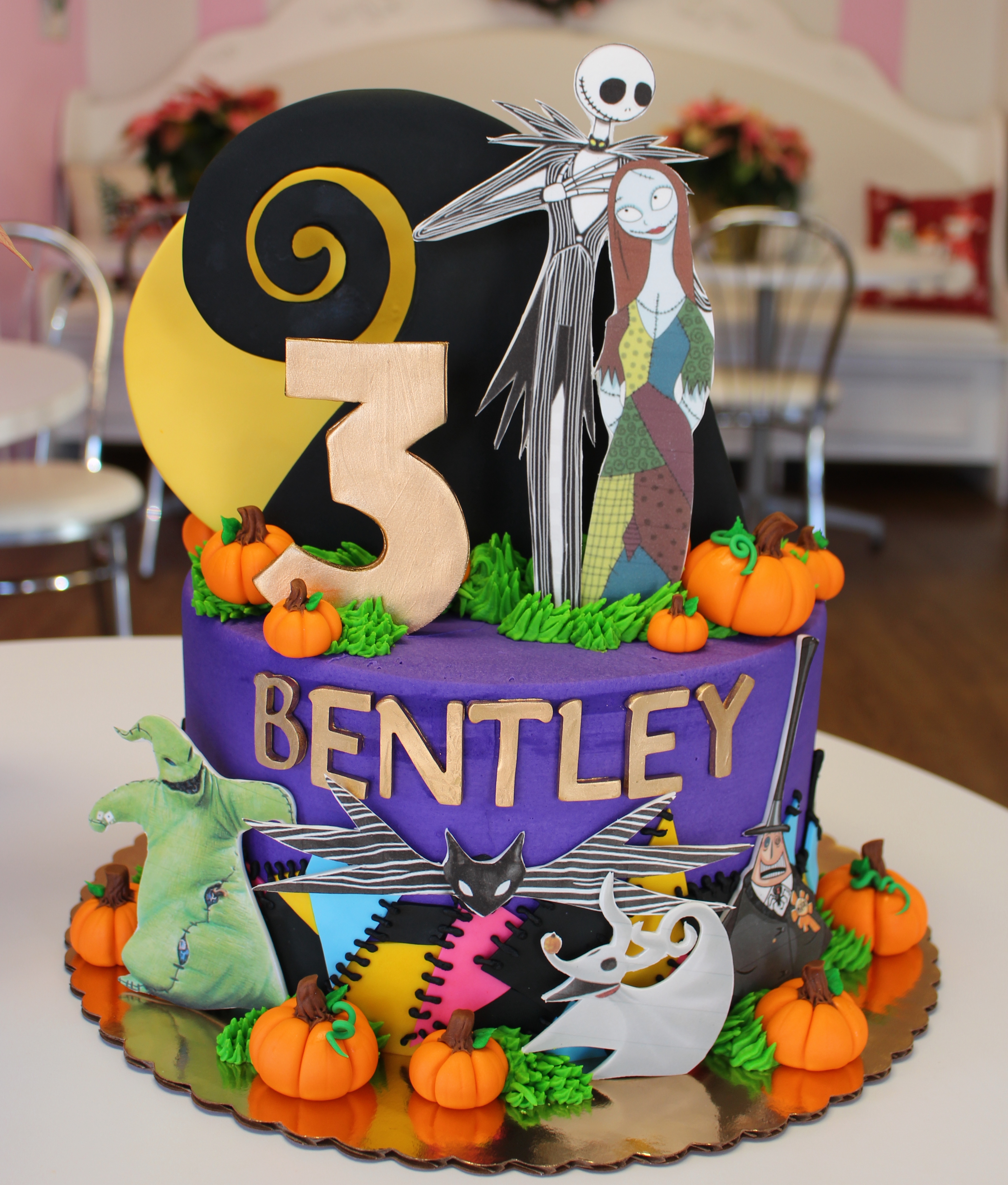 Purple Halloween Nightmare Before Christmas Birthday Cake with Fondant Pumpkins Jack Skellington and other Characters