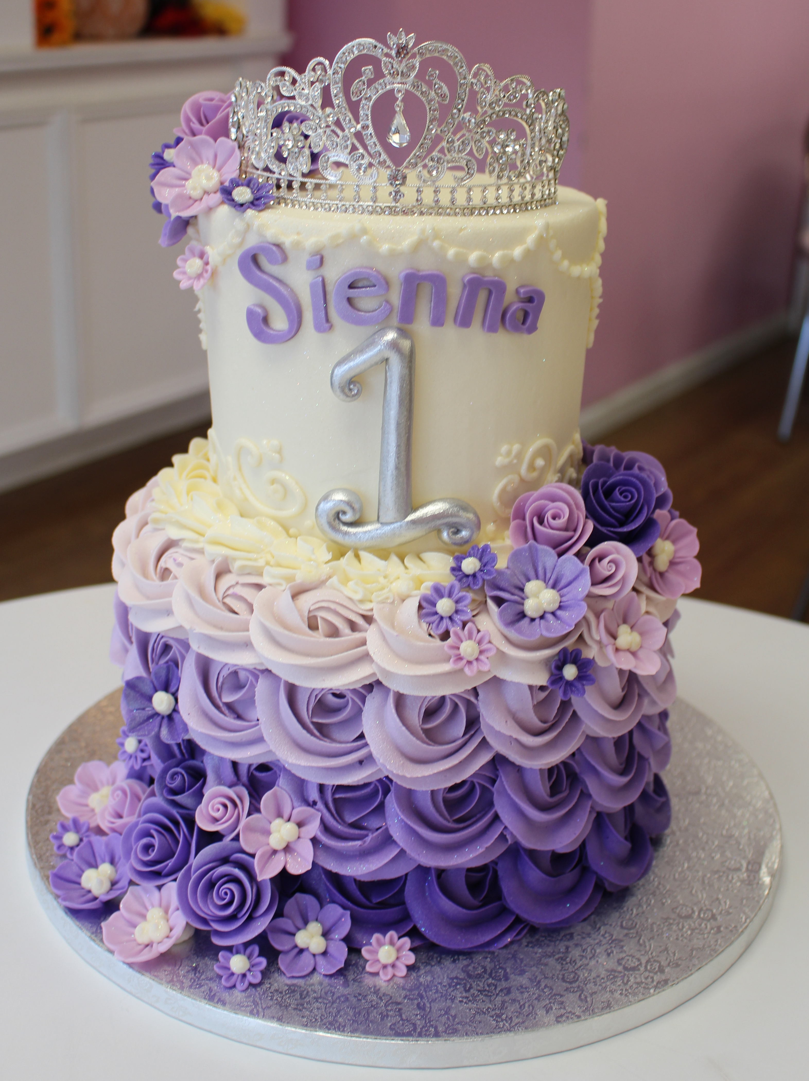 Purple Ombre Rosette Birthday Cake with Silver Tiara and Flowers