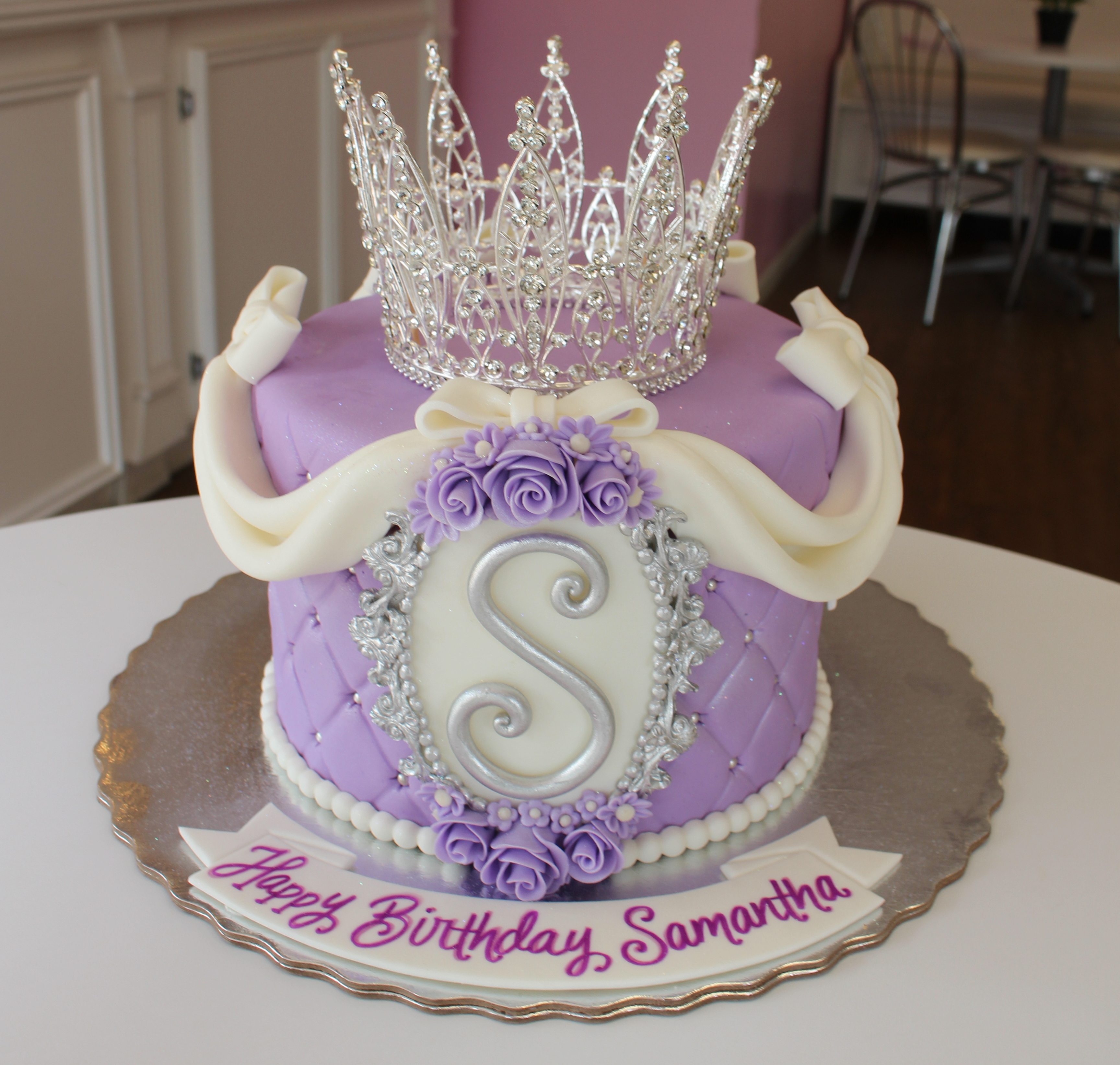 Purple Quilted Princess Cake with White Fondant Drapery and Real Tiara