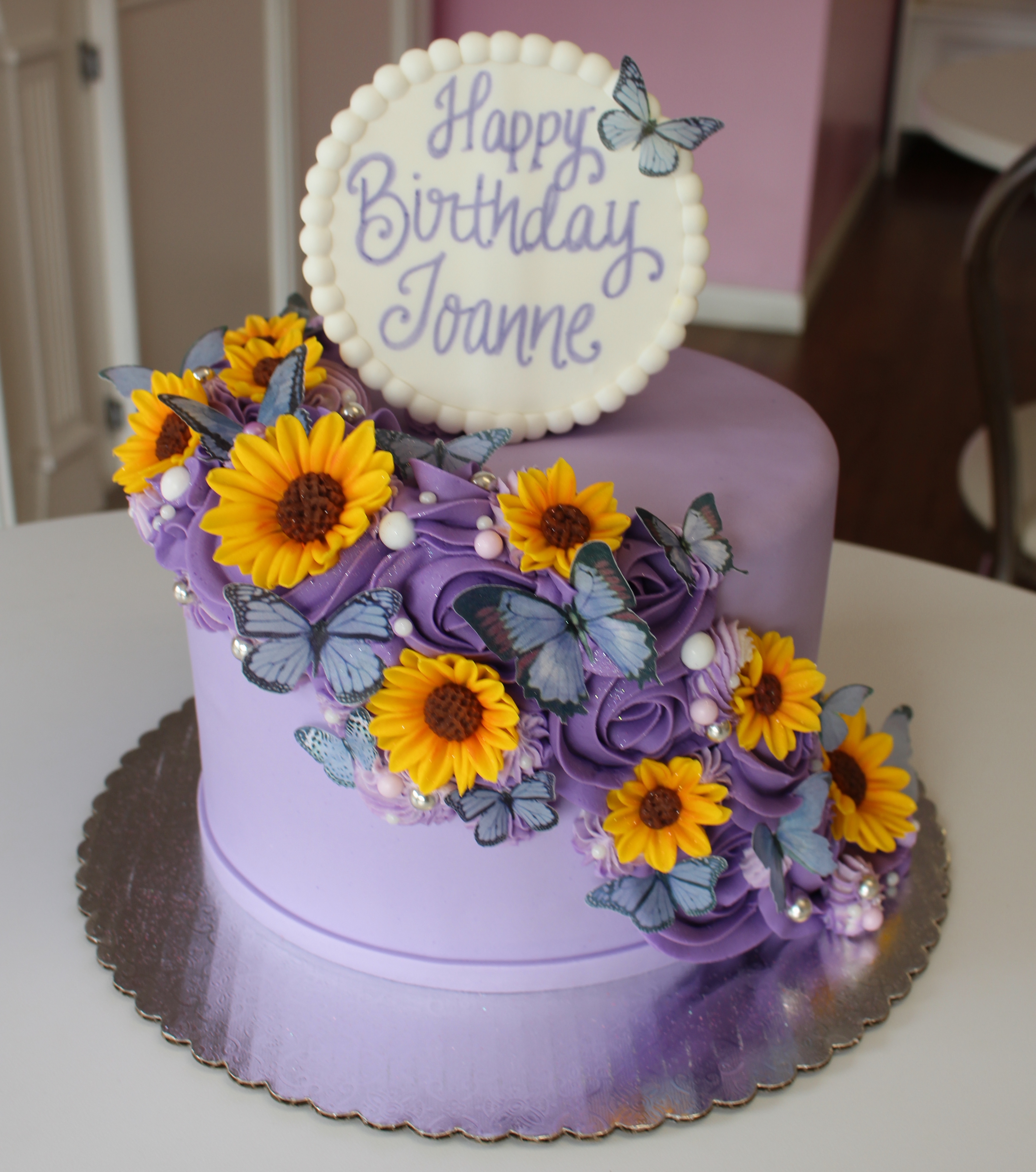 Purple Sunflowers and Butterflies Birthday Cake with Fondant Flowers and Buttercream Rosettes