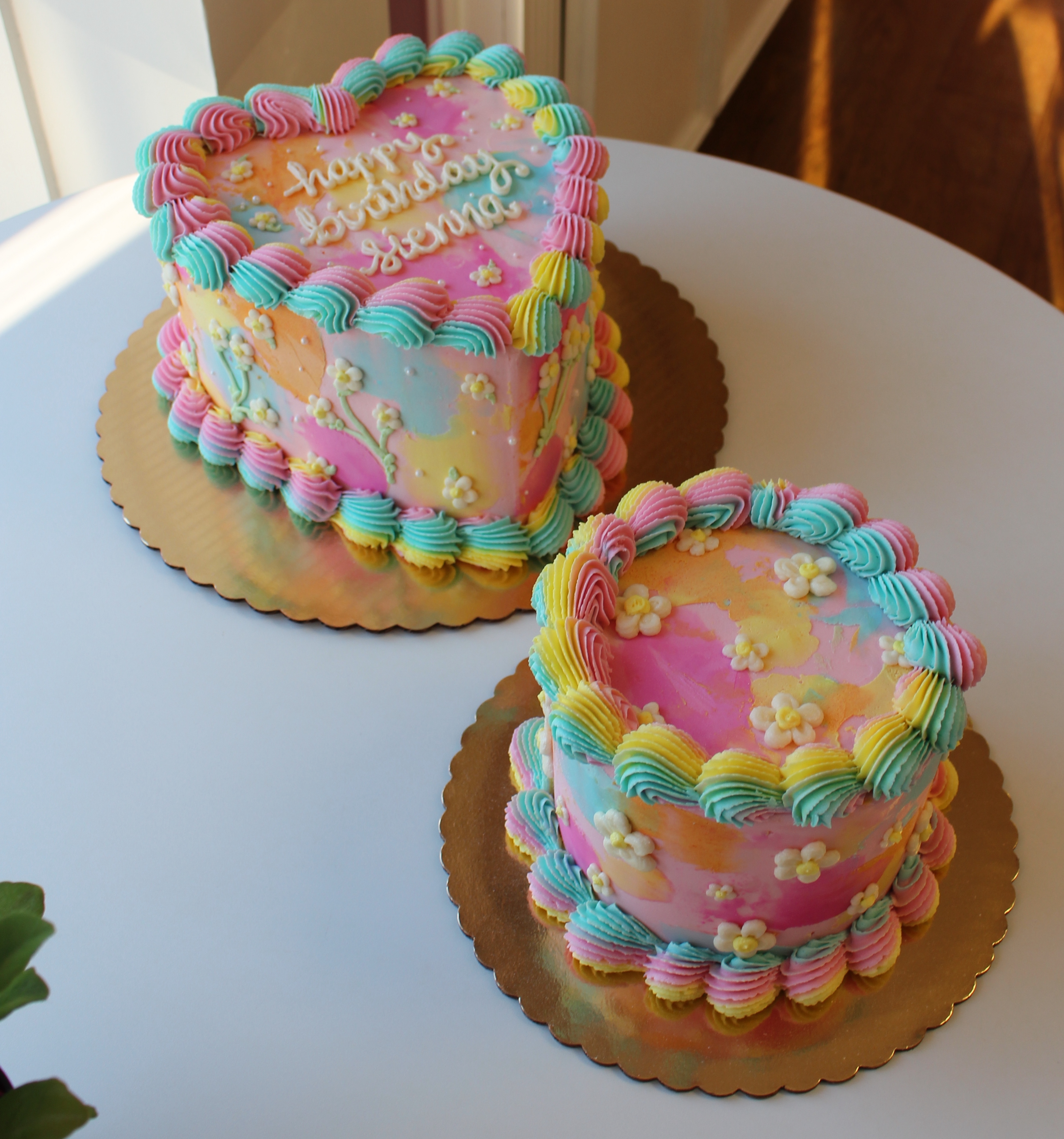 Rainbow Tie Die Birthday Cakes with Hand Piped Flowers