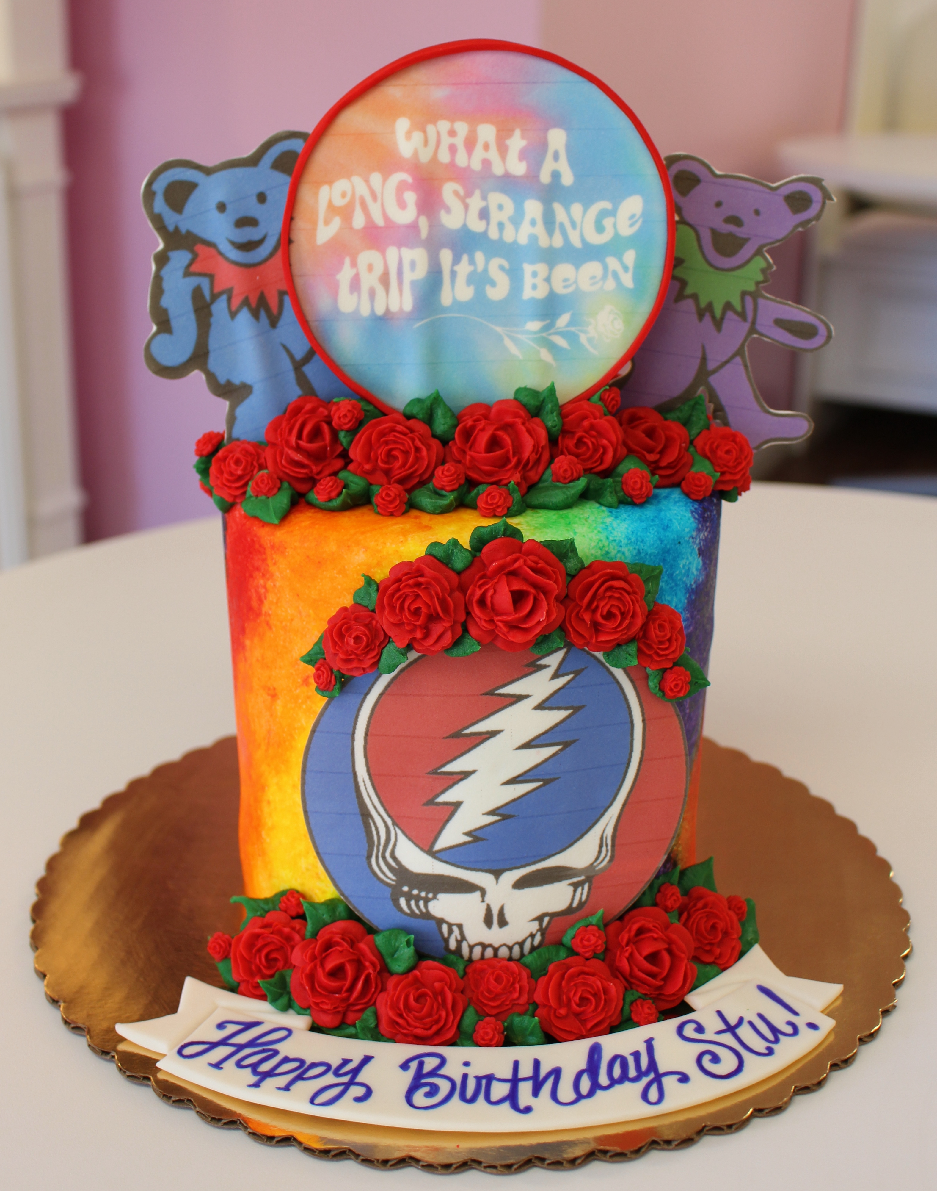 Rainbow Tie Die Grateful Dead Theme Cake with Fondant Roses