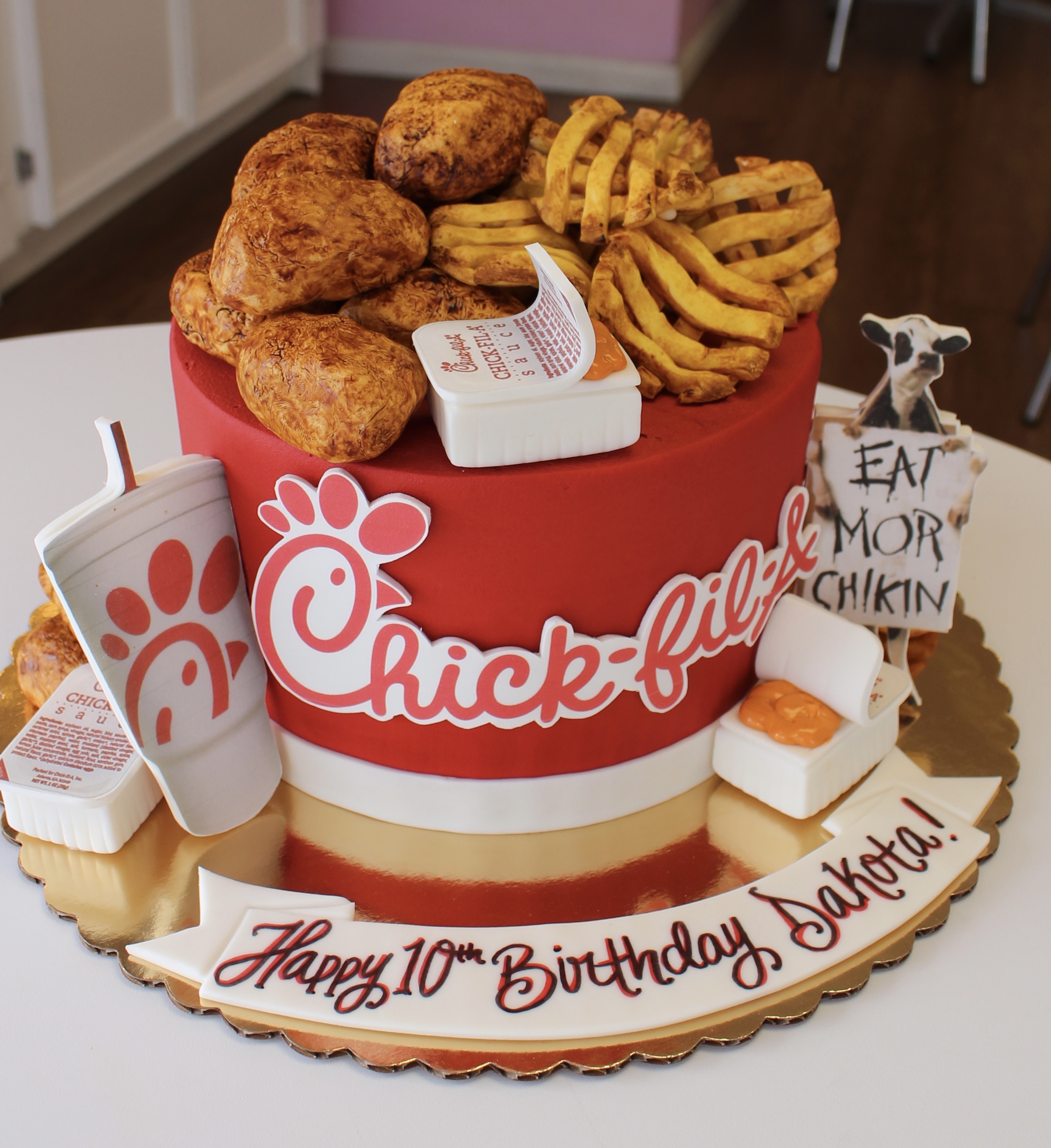 Red Chick Fil A Themed Cake with Fondant Nuggets, Waffle Fries, and Sauces
