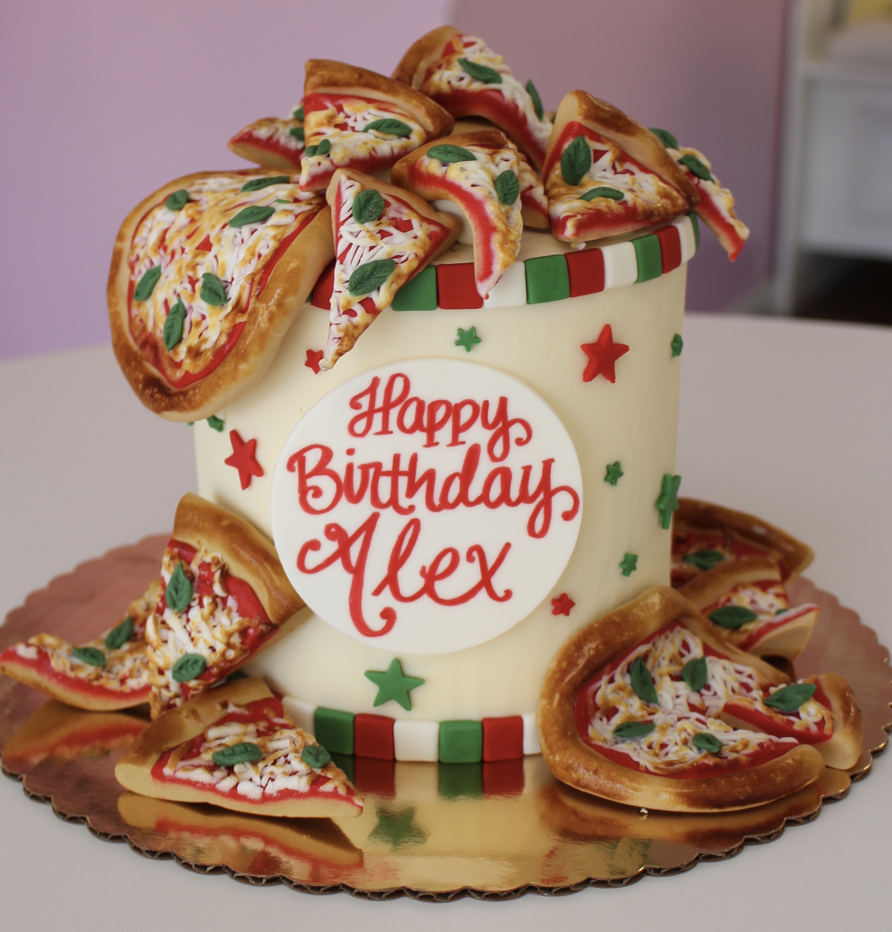 Red Green and White Italian Pizza Party Birthday Cake with Fondant Pizza Slices