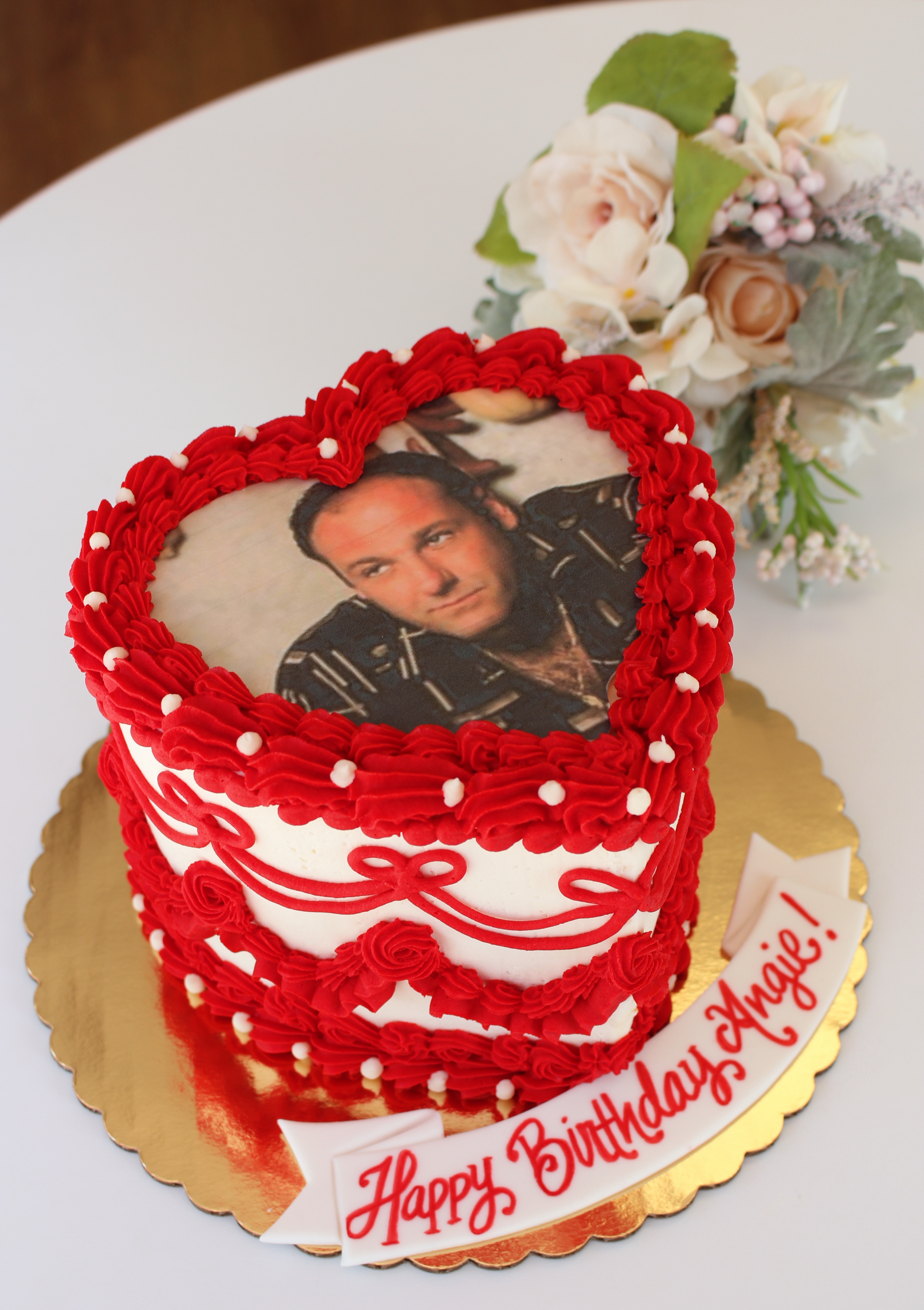 Red and White Tony Soprano Theme Vintage Hand Piped Heart Cake